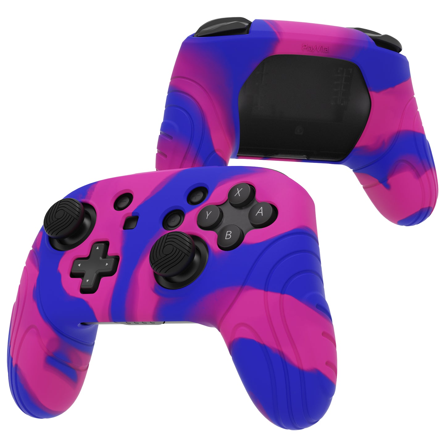 PlayVital Samurai Edition 人間工学に基づいた滑り止めシリコンスキン保護ケース 親指グリップキャップ付き Nintendo Switch Pro コントローラー用【ピンク&パープル&ブルー】