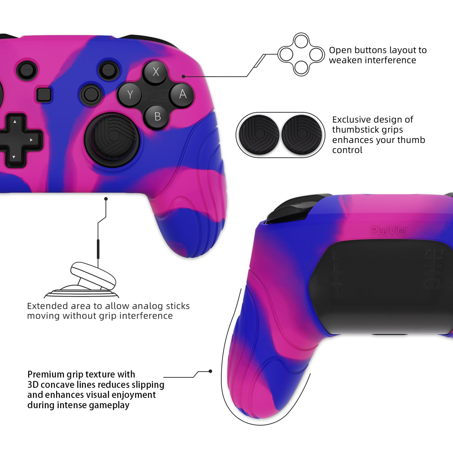 PlayVital Samurai Edition 人間工学に基づいた滑り止めシリコンスキン保護ケース 親指グリップキャップ付き Nintendo Switch Pro コントローラー用【ピンク&パープル&ブルー】