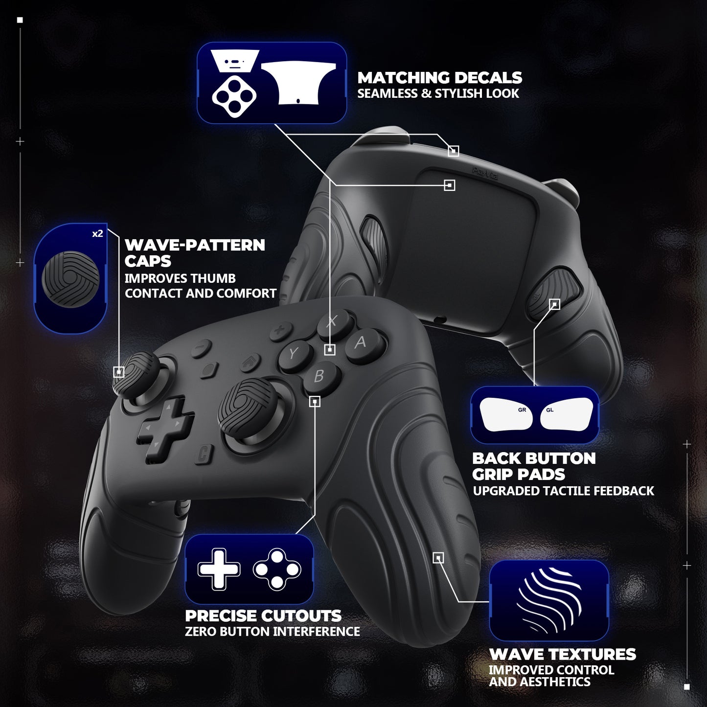 PlayVital Samurai Edition Switch 2 Proコントローラー用 保護シリコンケース 背面ボタンキャップ&親指グリップ&ステッカー付き【ブラック】
