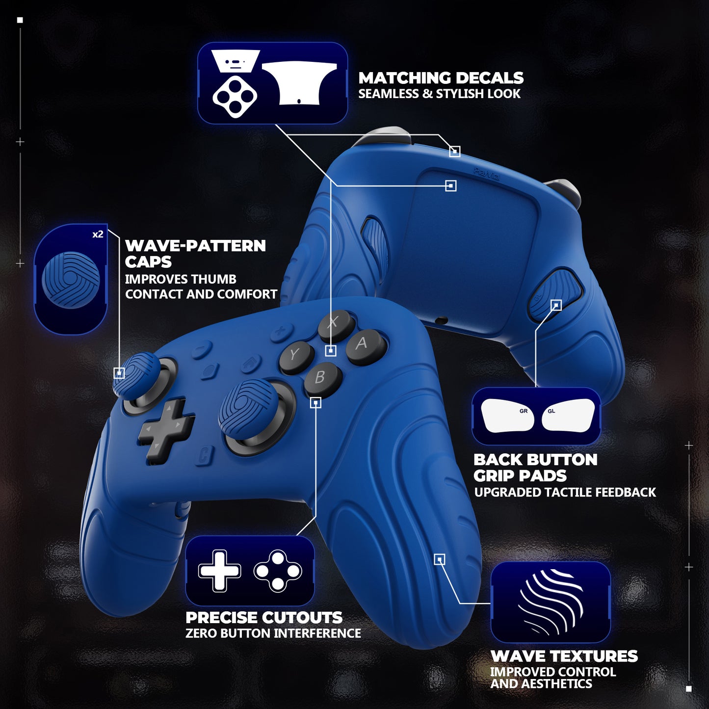 PlayVital Samurai Edition Switch 2 Proコントローラー用 保護シリコンケース 背面ボタンキャップ&親指グリップ&ステッカー付き【ブルー】