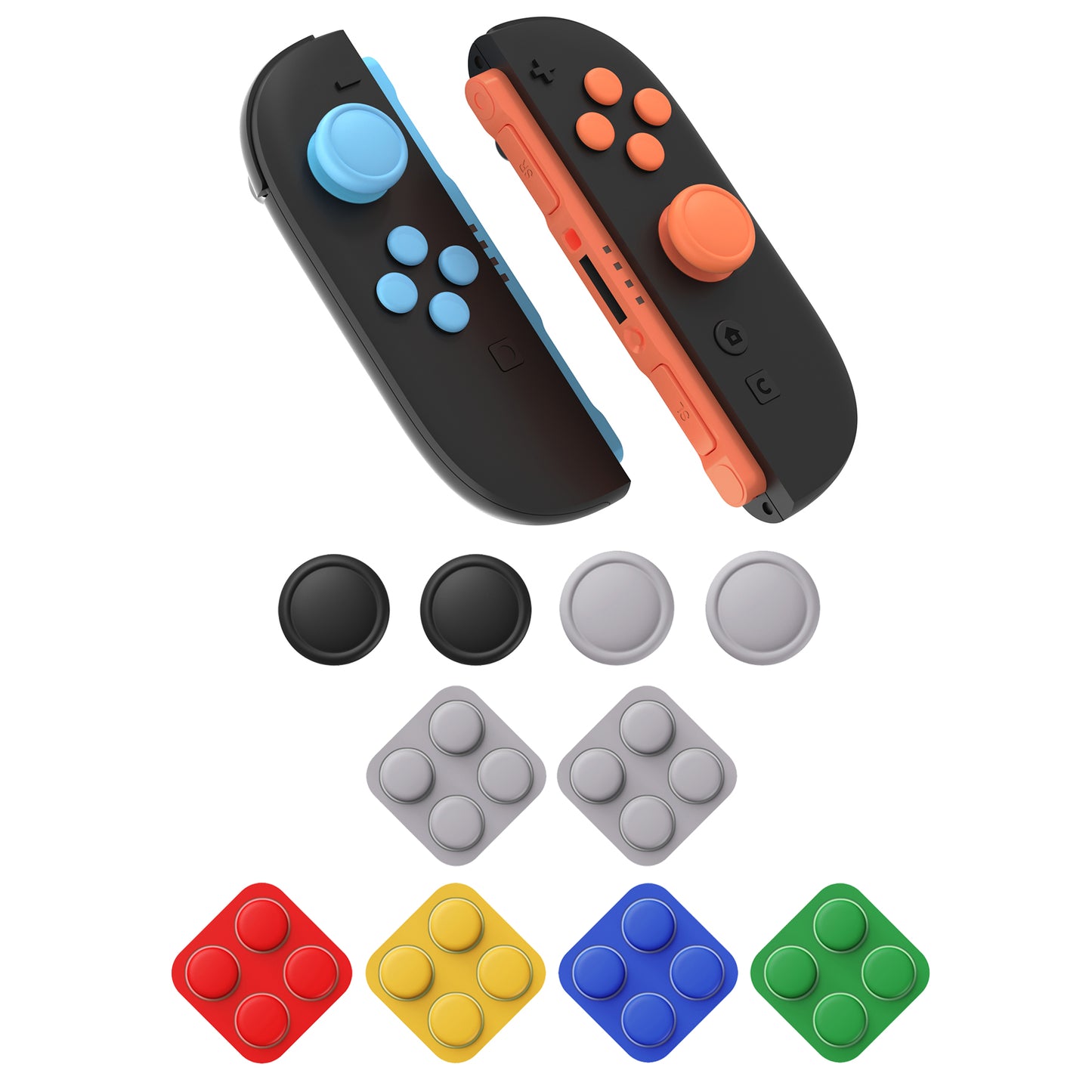 PlayVital Nintendo Switch 2(2025)対応 シリコンボタンカバー&親指グリップセット Joycon2対応 ABXY・方向ボタン用カラフルキャップ8個&ジョイスティックカバー4個セット【ブラック+グレー+ブルー+オレンジ】