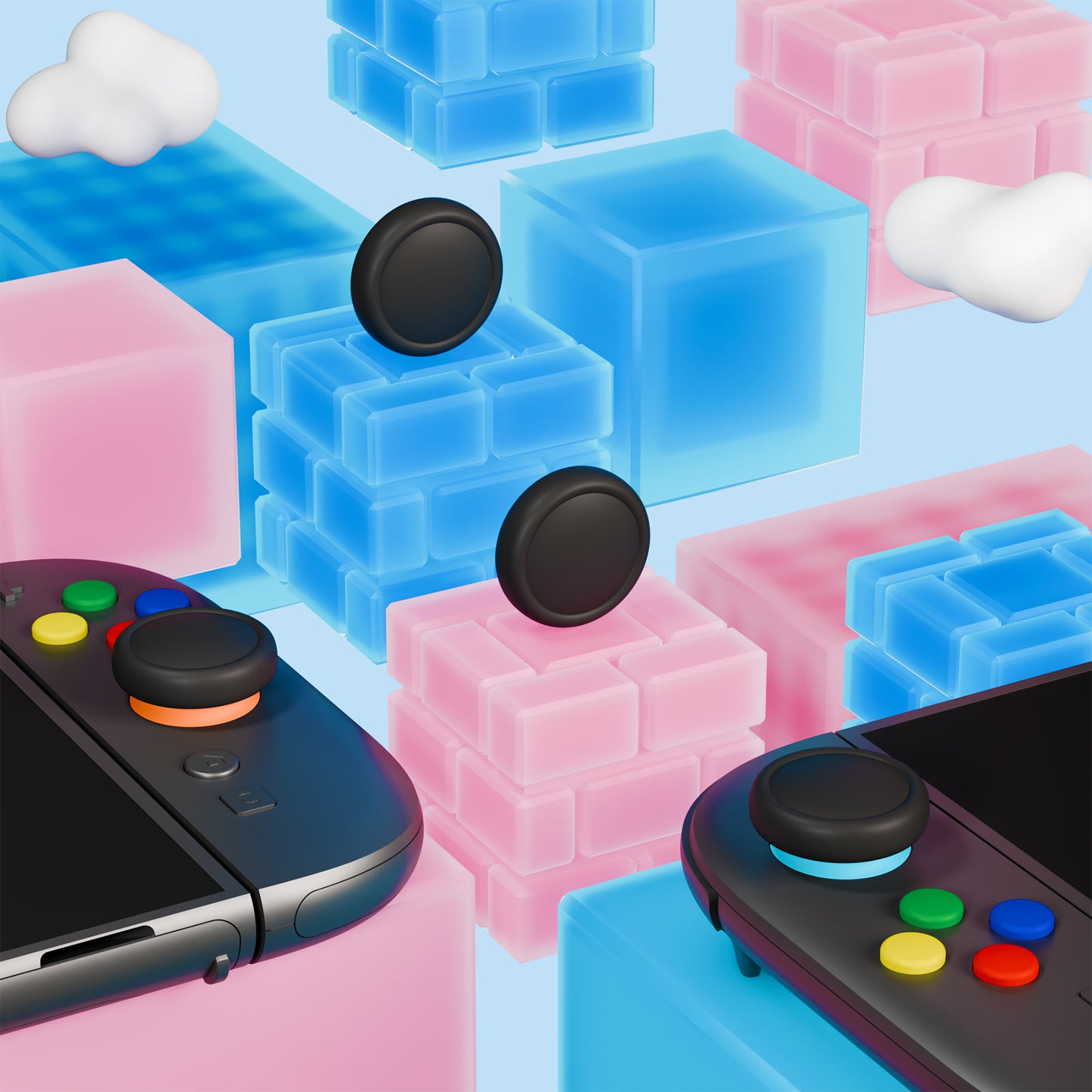 PlayVital Nintendo Switch 2(2025)対応 シリコン製赤黄青緑ボタンカバー&ブラック親指グリップキャップセット Joycon2対応 ABXY&方向ボタン用キャップ