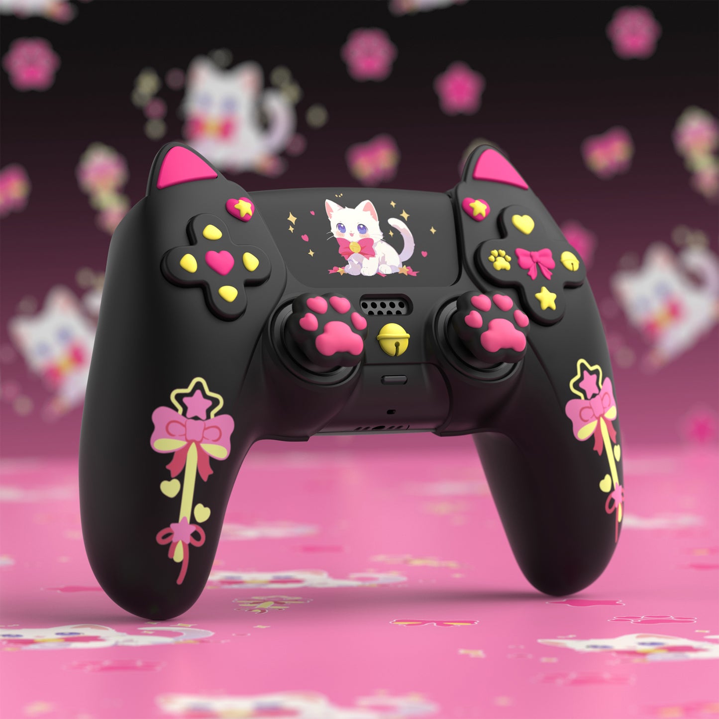 PlayVital Sweetheart Kitty ps5コントローラー対応用シリコン保護カバー、ジョイスティックキャップやステッカー付属、滑り止めグリップは公式の充電ドックにも適用【ブラック】