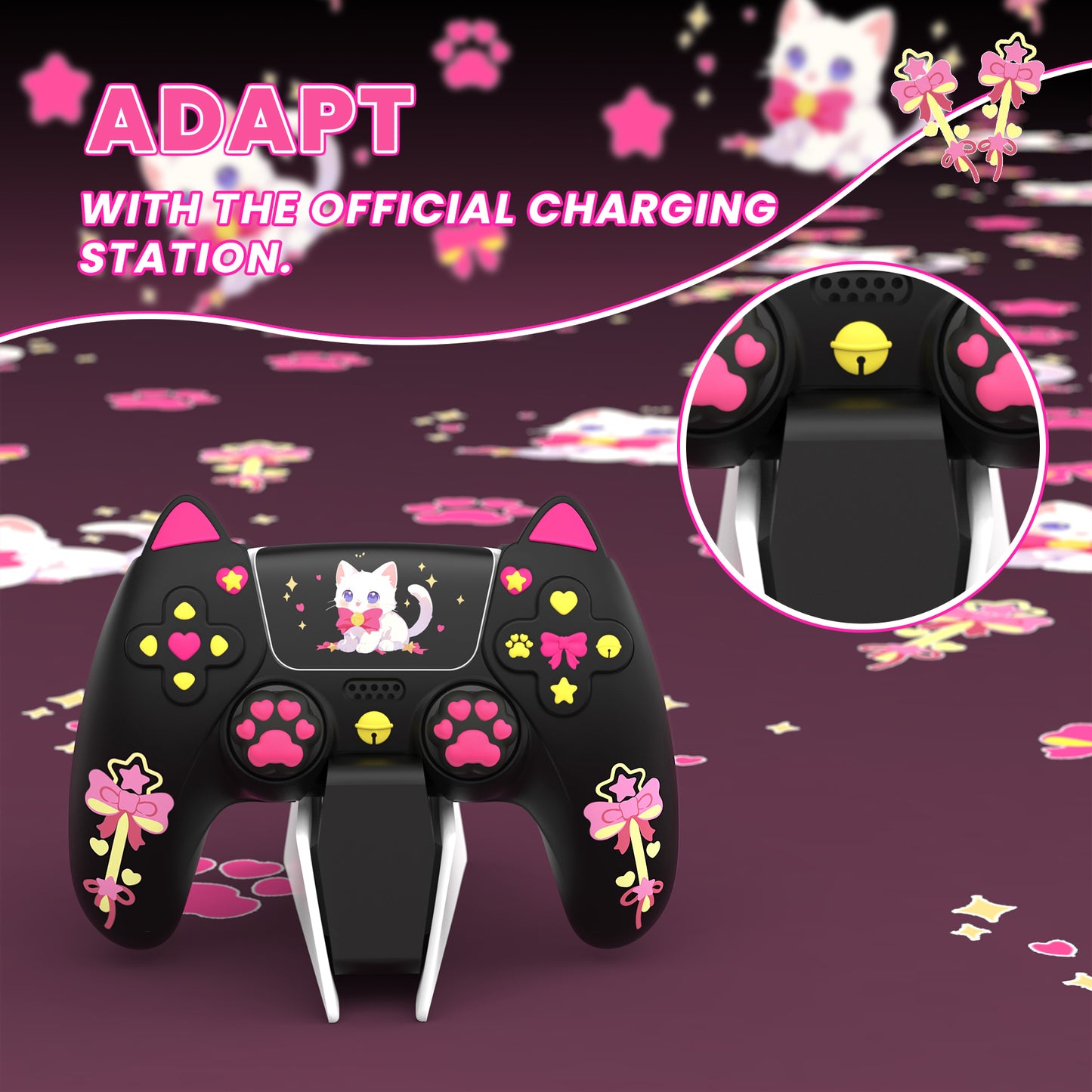 PlayVital Sweetheart Kitty ps5コントローラー対応用シリコン保護カバー、ジョイスティックキャップやステッカー付属、滑り止めグリップは公式の充電ドックにも適用【ブラック】