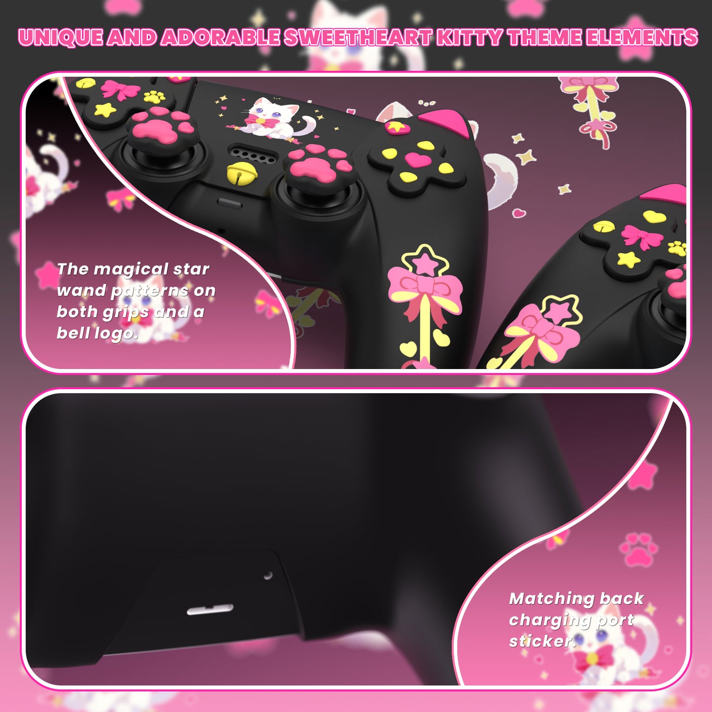 PlayVital Sweetheart Kitty ps5コントローラー対応用シリコン保護カバー、ジョイスティックキャップやステッカー付属、滑り止めグリップは公式の充電ドックにも適用【ブラック】