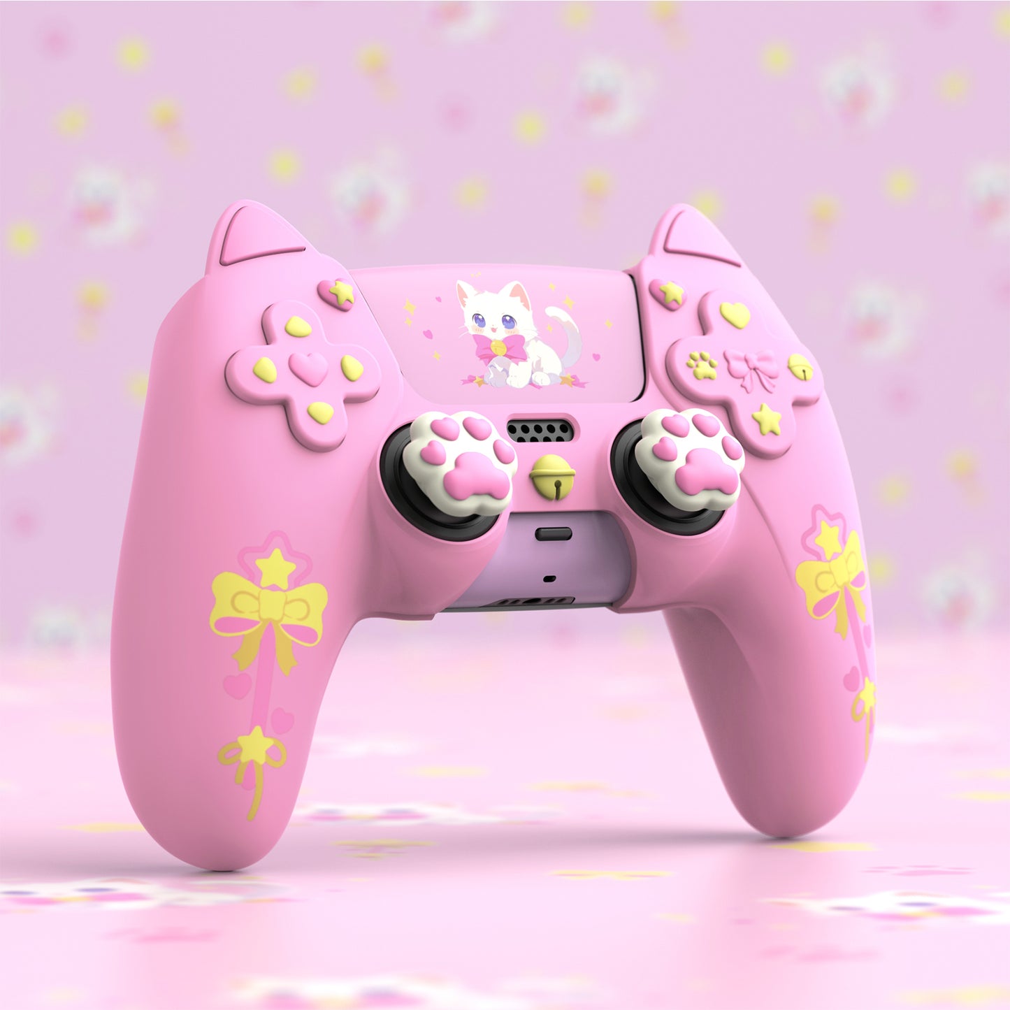 PlayVital Sweetheart Kitty ps5コントローラー対応用シリコン保護カバー、ジョイスティックキャップやステッカー付属、滑り止めグリップは公式の充電ドックにも適用【ピンク】