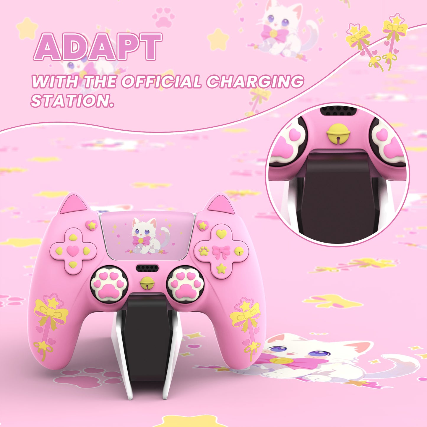 PlayVital Sweetheart Kitty ps5コントローラー対応用シリコン保護カバー、ジョイスティックキャップやステッカー付属、滑り止めグリップは公式の充電ドックにも適用【ピンク】