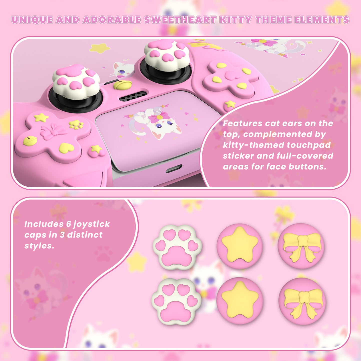 PlayVital Sweetheart Kitty ps5コントローラー対応用シリコン保護カバー、ジョイスティックキャップやステッカー付属、滑り止めグリップは公式の充電ドックにも適用【ピンク】