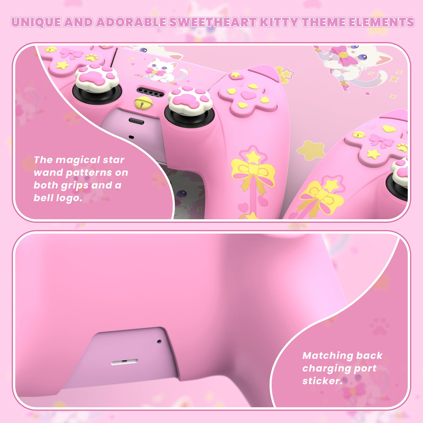 PlayVital Sweetheart Kitty ps5コントローラー対応用シリコン保護カバー、ジョイスティックキャップやステッカー付属、滑り止めグリップは公式の充電ドックにも適用【ピンク】