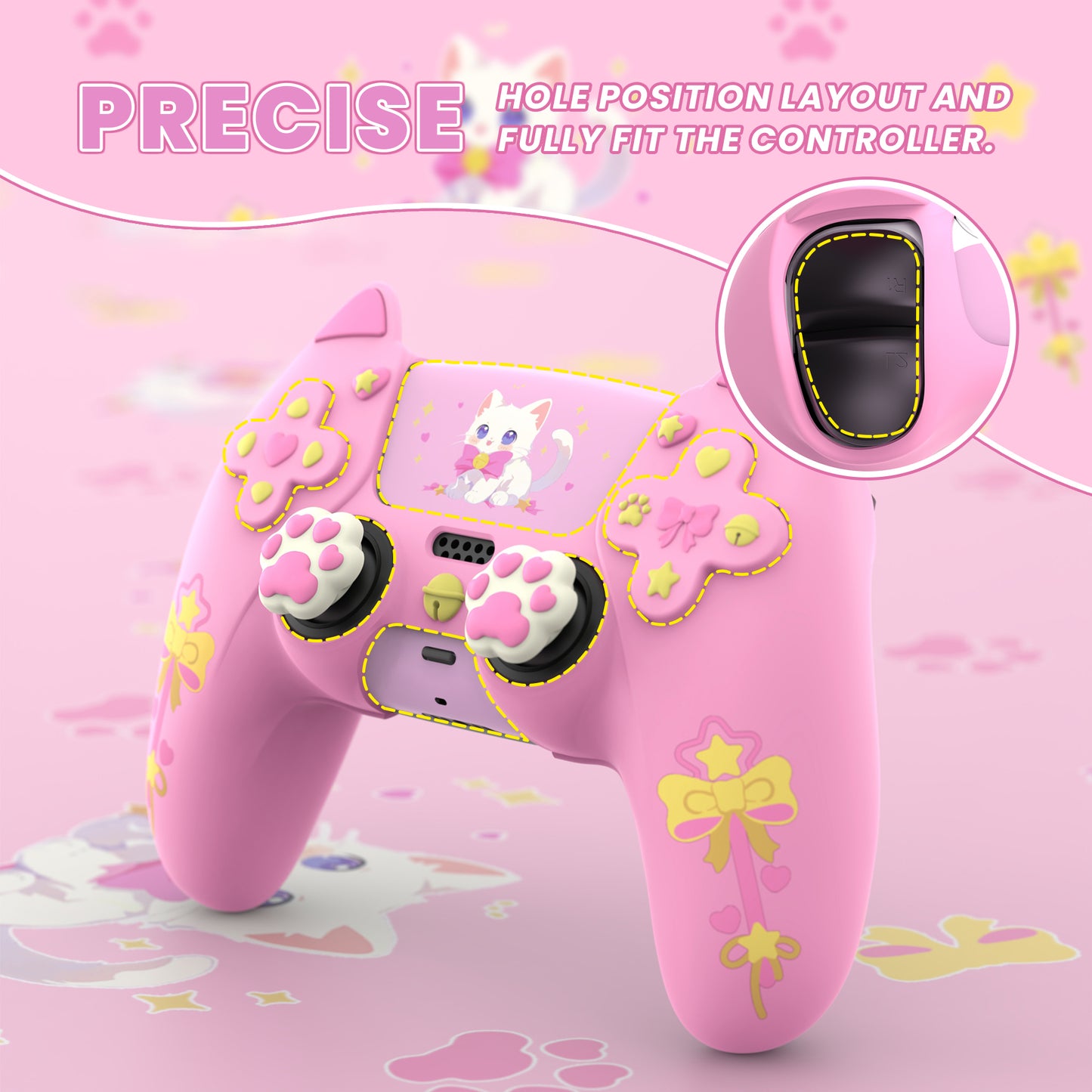 PlayVital Sweetheart Kitty ps5コントローラー対応用シリコン保護カバー、ジョイスティックキャップやステッカー付属、滑り止めグリップは公式の充電ドックにも適用【ピンク】