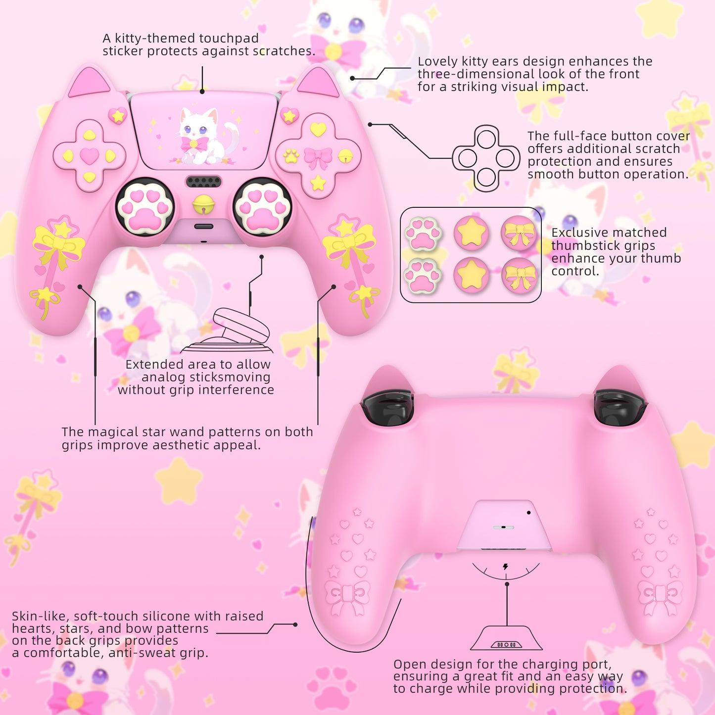 PlayVital Sweetheart Kitty ps5コントローラー対応用シリコン保護カバー、ジョイスティックキャップやステッカー付属、滑り止めグリップは公式の充電ドックにも適用【ピンク】
