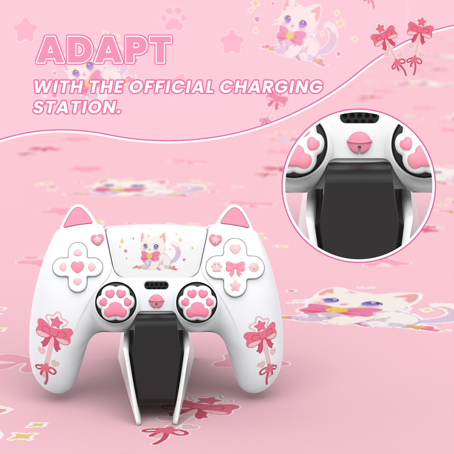 PlayVital Sweetheart Kitty ps5コントローラー対応用シリコン保護カバー、ジョイスティックキャップやステッカー付属、滑り止めグリップは公式の充電ドックにも適用【ホワイト】