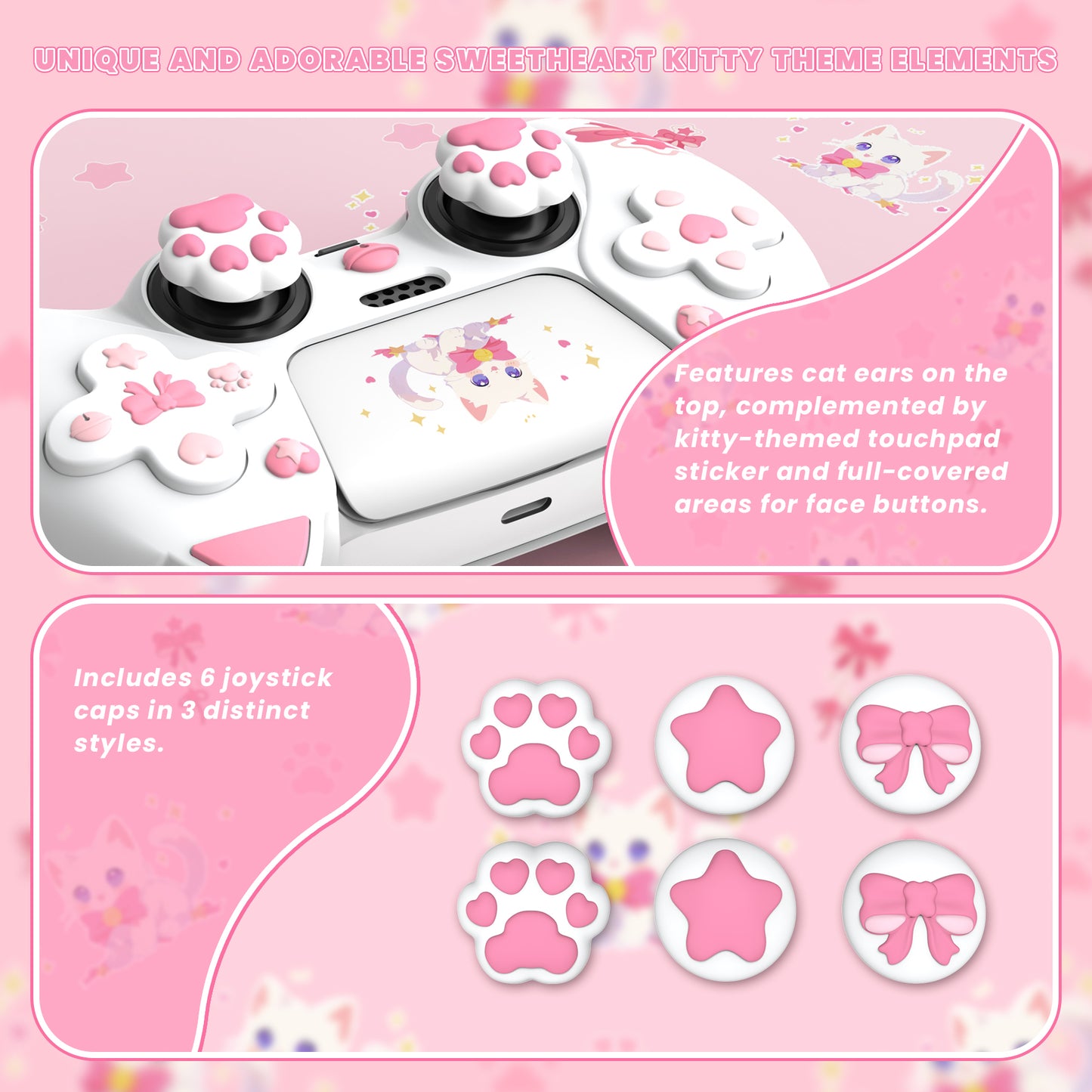 PlayVital Sweetheart Kitty ps5コントローラー対応用シリコン保護カバー、ジョイスティックキャップやステッカー付属、滑り止めグリップは公式の充電ドックにも適用【ホワイト】