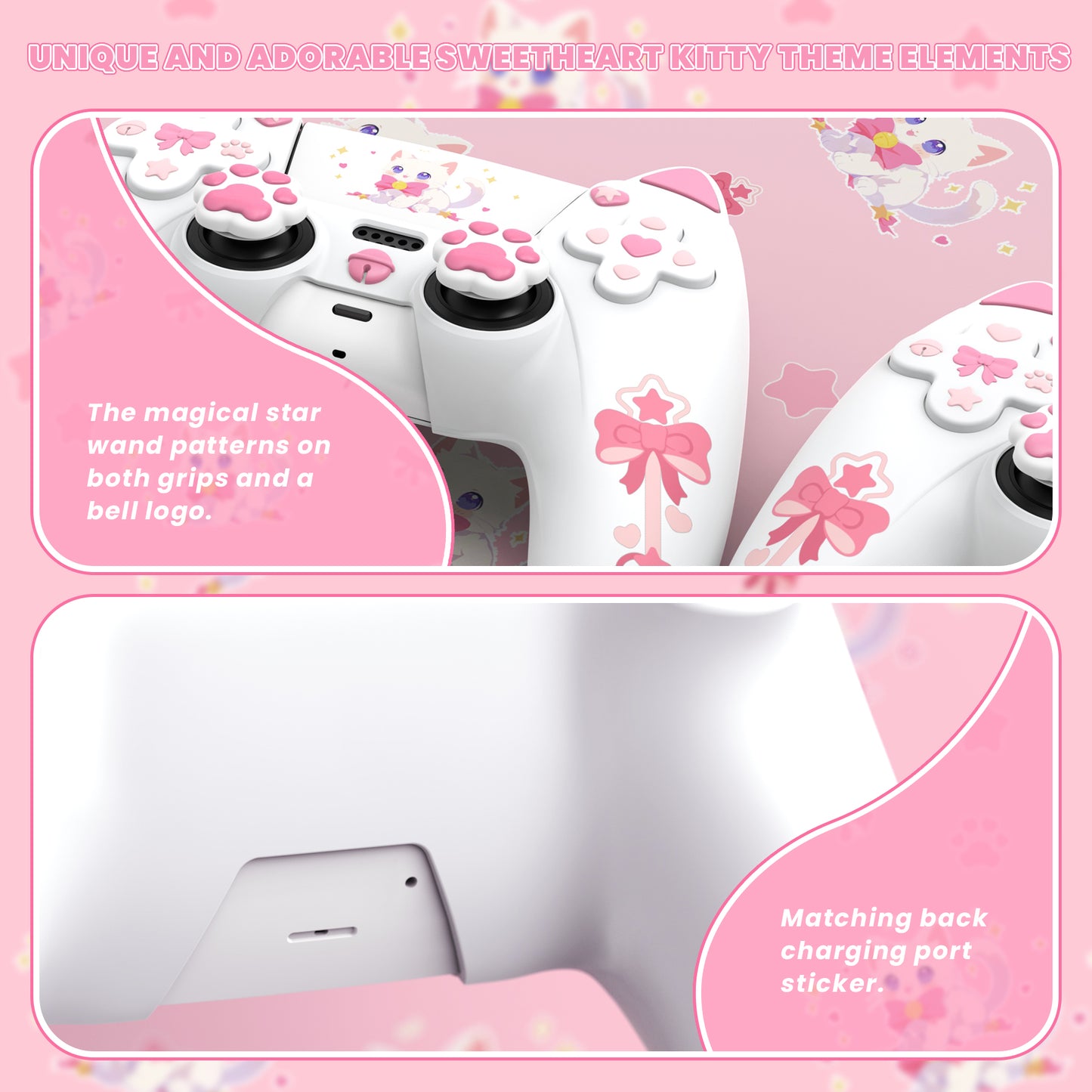 PlayVital Sweetheart Kitty ps5コントローラー対応用シリコン保護カバー、ジョイスティックキャップやステッカー付属、滑り止めグリップは公式の充電ドックにも適用【ホワイト】