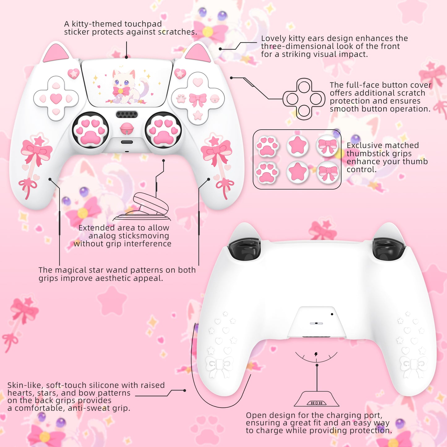 PlayVital Sweetheart Kitty ps5コントローラー対応用シリコン保護カバー、ジョイスティックキャップやステッカー付属、滑り止めグリップは公式の充電ドックにも適用【ホワイト】