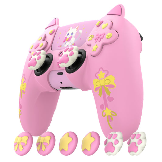 PlayVital Sweetheart Kitty ps5コントローラー対応用シリコン保護カバー、ジョイスティックキャップやステッカー付属、滑り止めグリップは公式の充電ドックにも適用【ピンク】