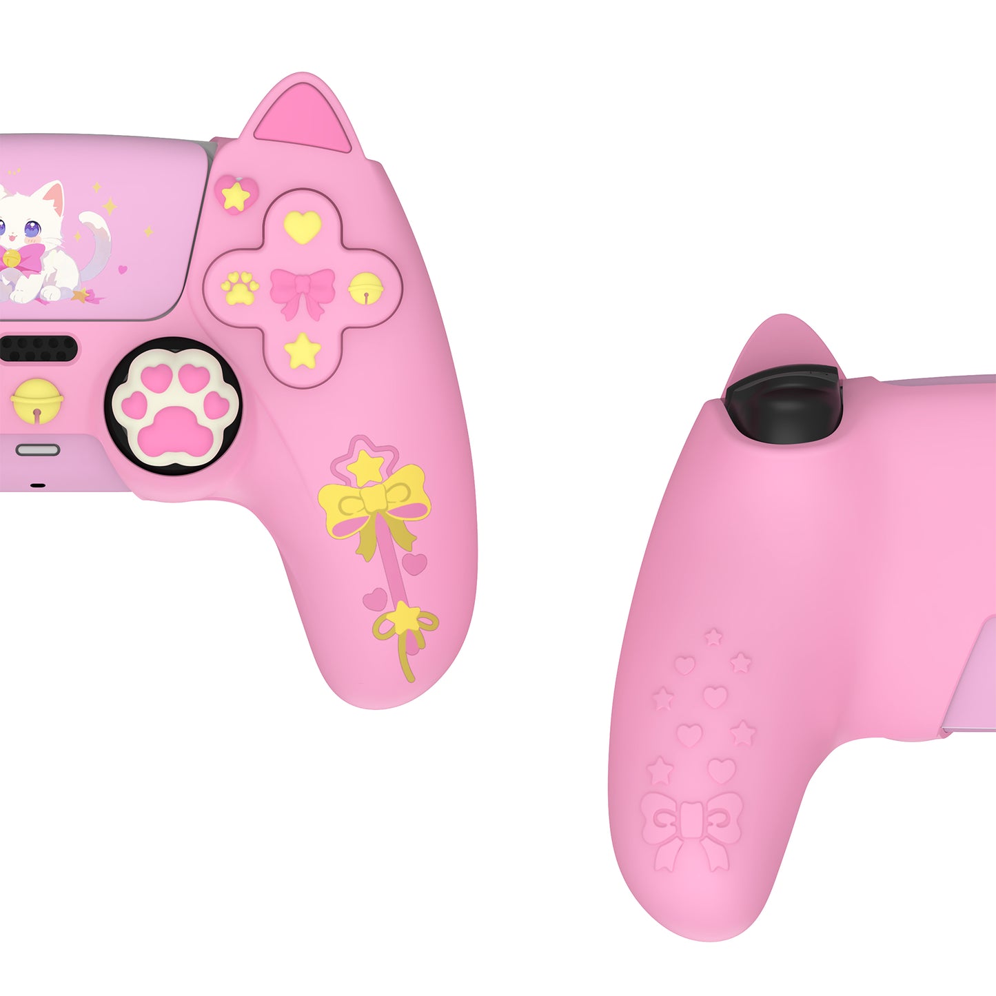PlayVital Sweetheart Kitty ps5コントローラー対応用シリコン保護カバー、ジョイスティックキャップやステッカー付属、滑り止めグリップは公式の充電ドックにも適用【ピンク】