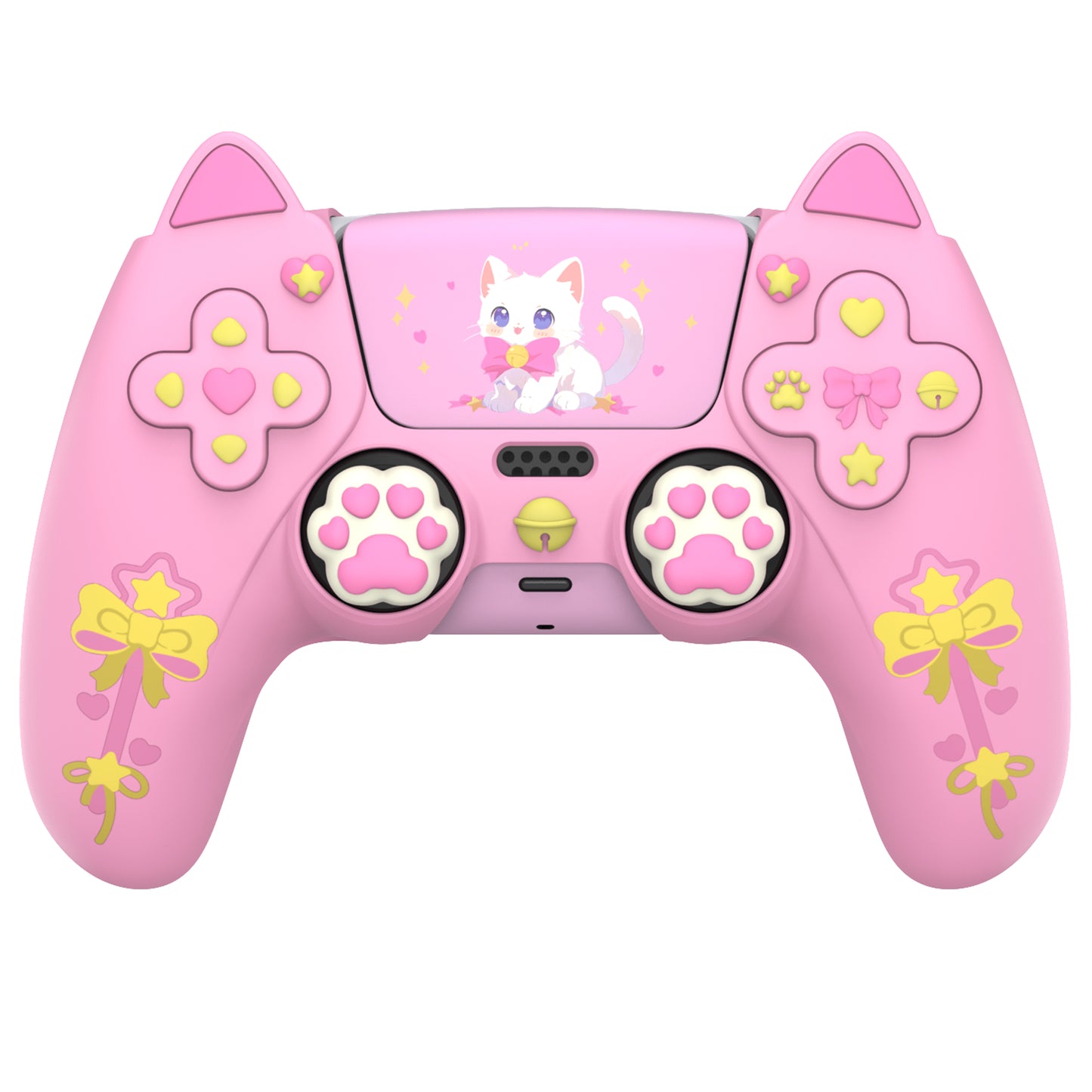 PlayVital Sweetheart Kitty ps5コントローラー対応用シリコン保護カバー、ジョイスティックキャップやステッカー付属、滑り止めグリップは公式の充電ドックにも適用【ピンク】