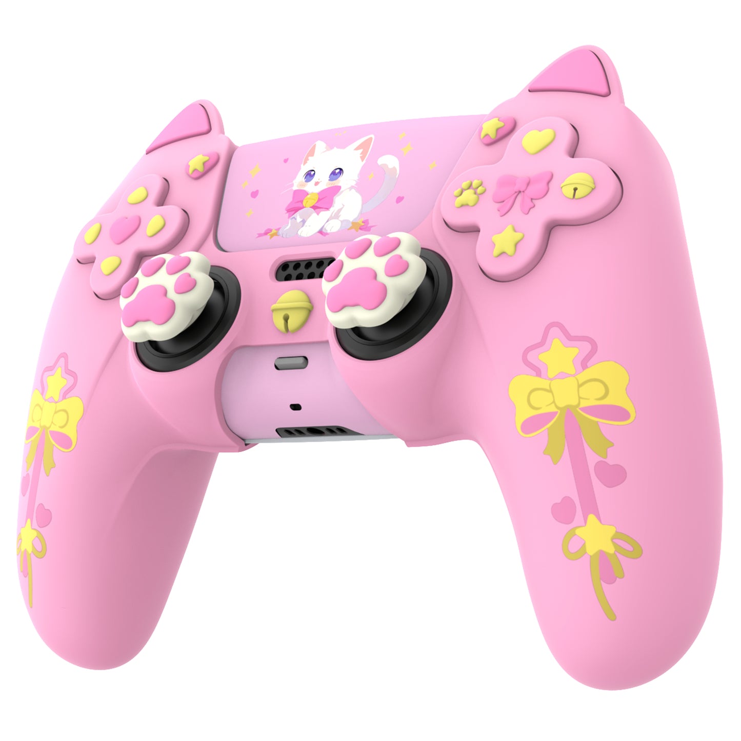 PlayVital Sweetheart Kitty ps5コントローラー対応用シリコン保護カバー、ジョイスティックキャップやステッカー付属、滑り止めグリップは公式の充電ドックにも適用【ピンク】