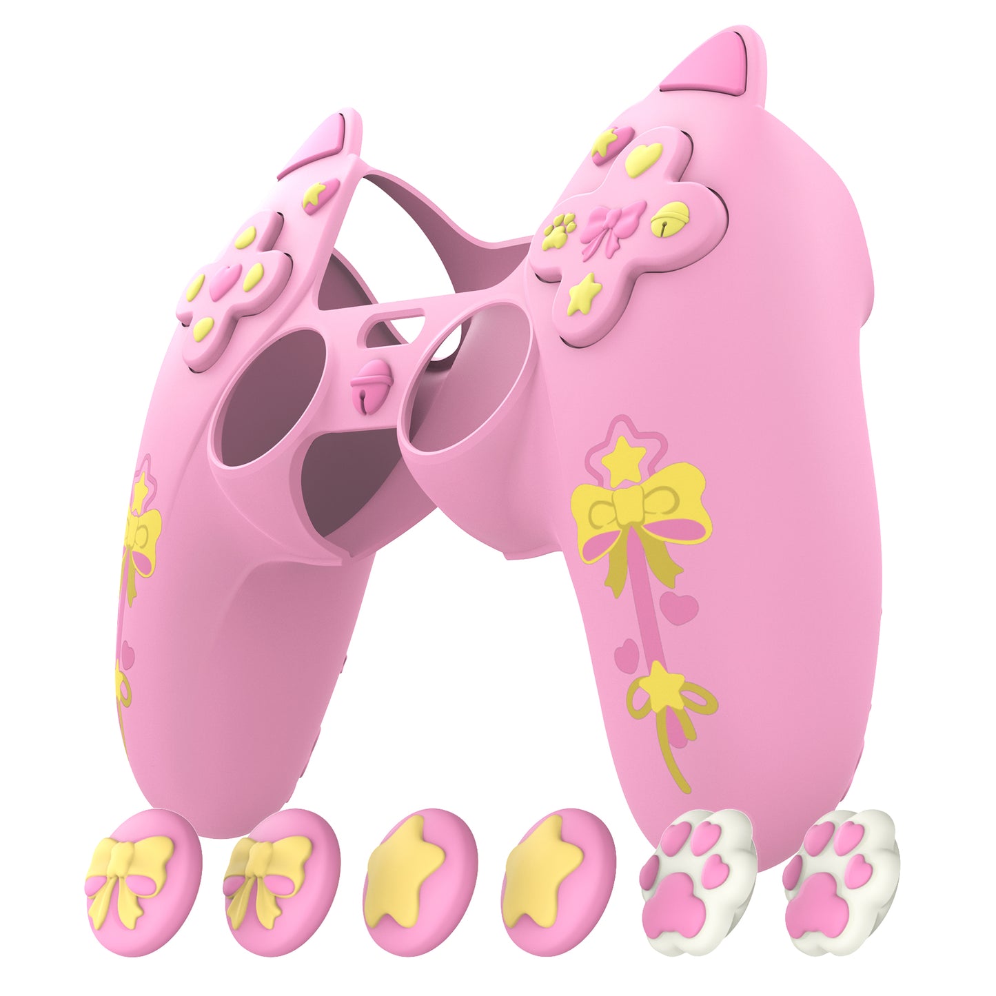 PlayVital Sweetheart Kitty ps5コントローラー対応用シリコン保護カバー、ジョイスティックキャップやステッカー付属、滑り止めグリップは公式の充電ドックにも適用【ピンク】