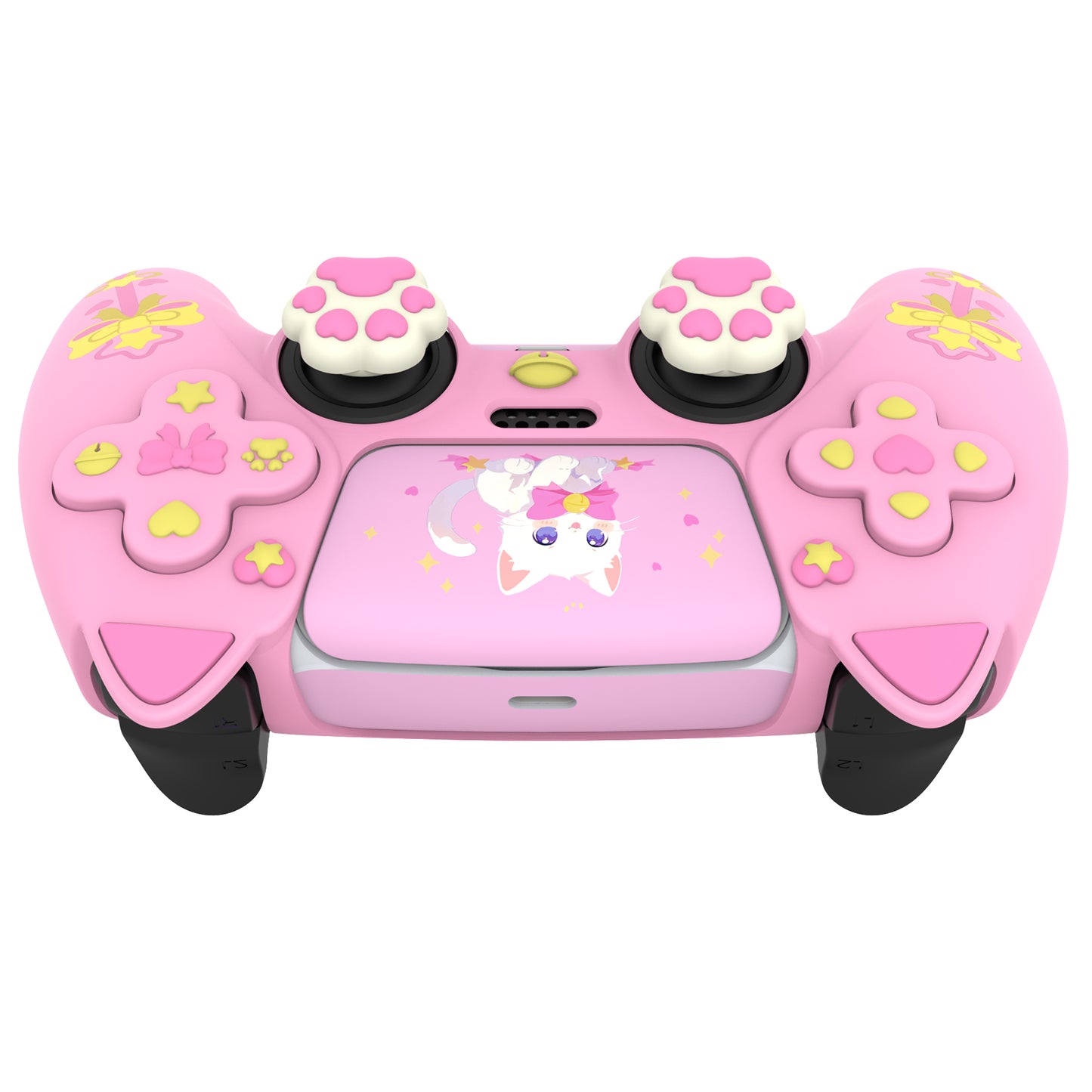 PlayVital Sweetheart Kitty ps5コントローラー対応用シリコン保護カバー、ジョイスティックキャップやステッカー付属、滑り止めグリップは公式の充電ドックにも適用【ピンク】