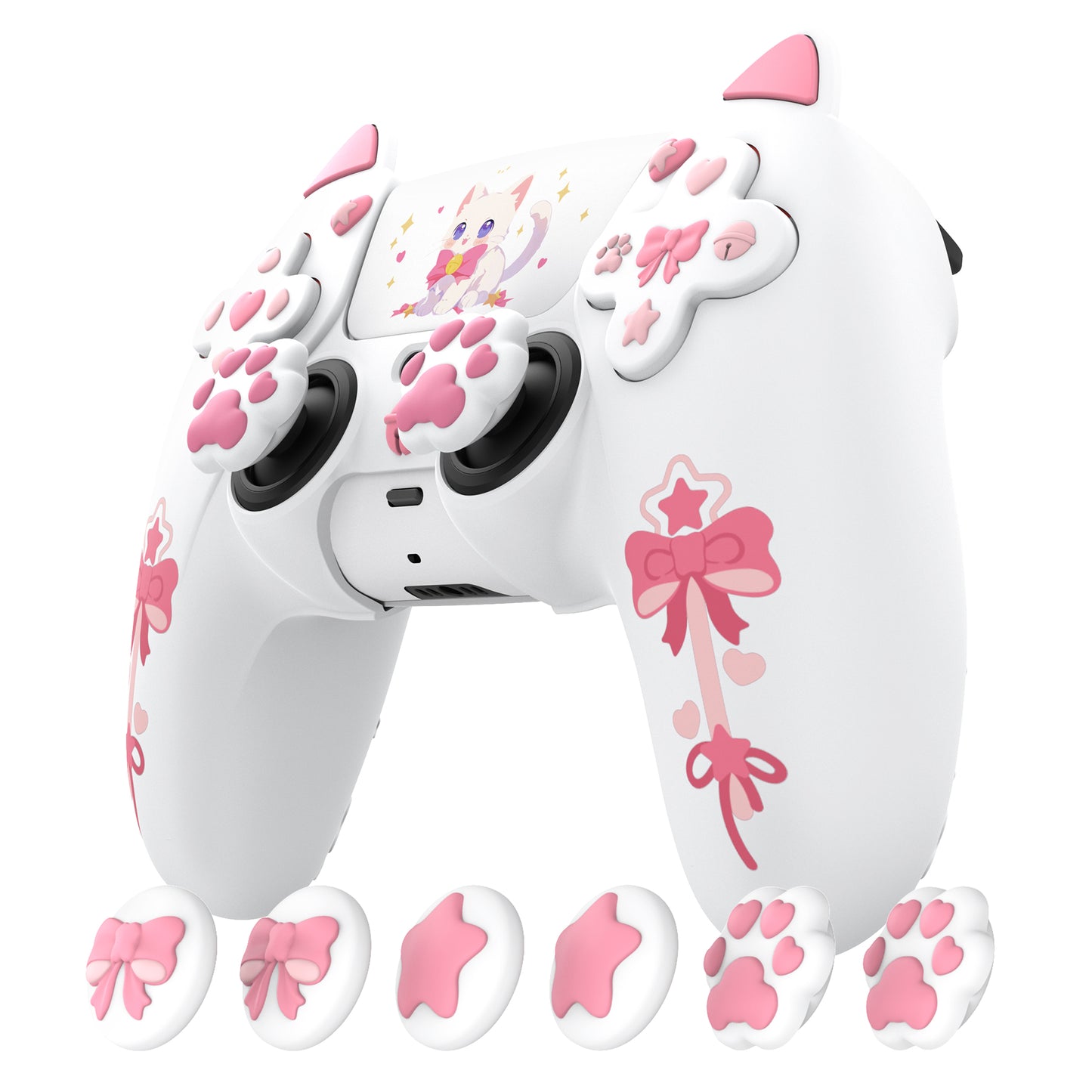 PlayVital Sweetheart Kitty ps5コントローラー対応用シリコン保護カバー、ジョイスティックキャップやステッカー付属、滑り止めグリップは公式の充電ドックにも適用【ホワイト】