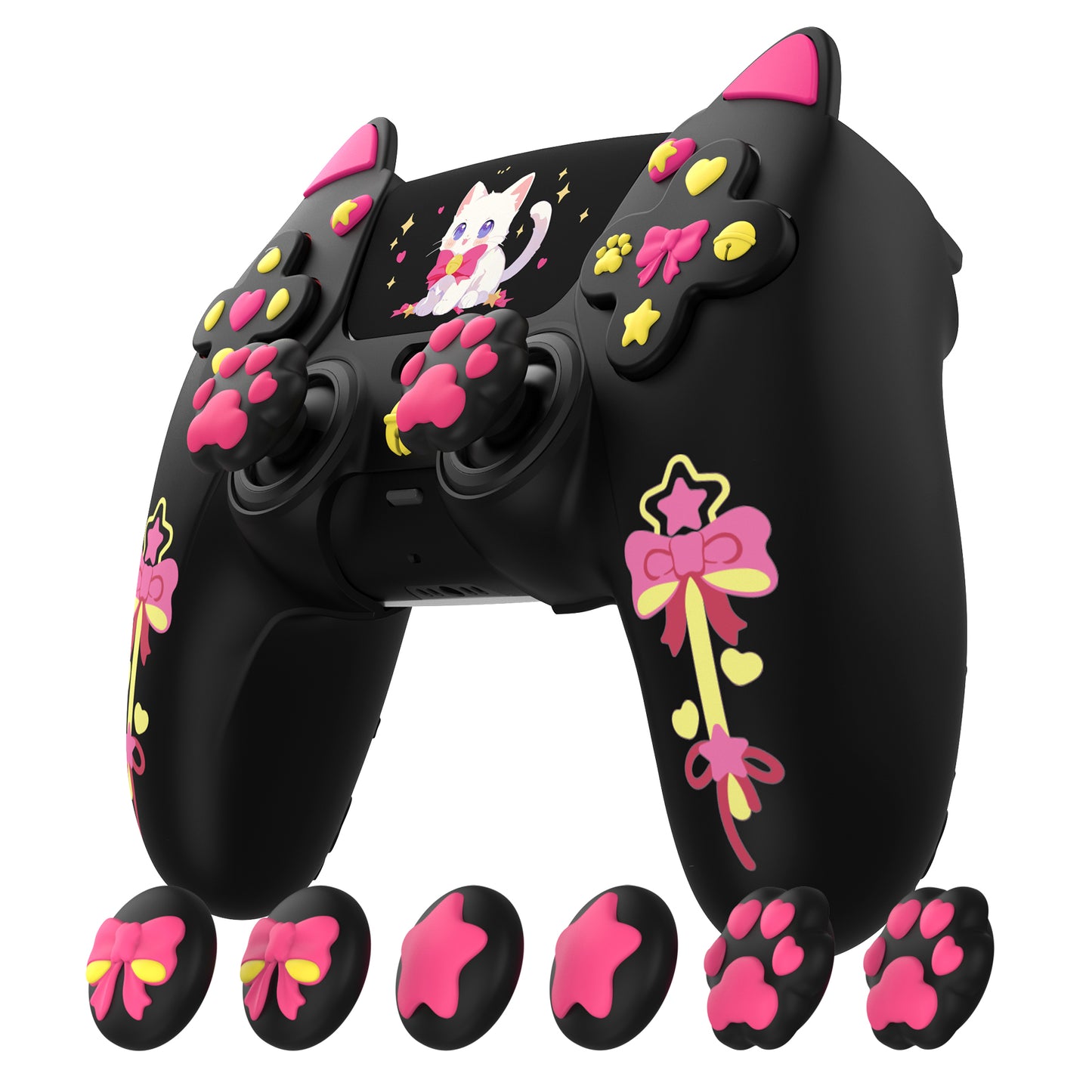 PlayVital Sweetheart Kitty ps5コントローラー対応用シリコン保護カバー、ジョイスティックキャップやステッカー付属、滑り止めグリップは公式の充電ドックにも適用【ブラック】