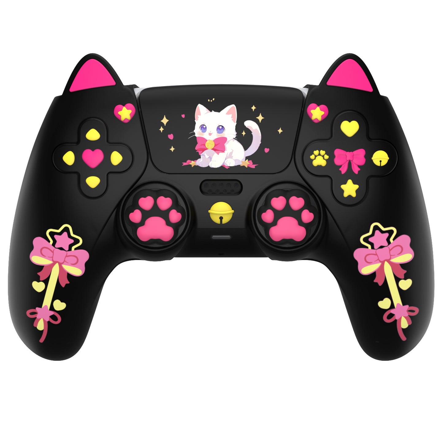 PlayVital Sweetheart Kitty ps5コントローラー対応用シリコン保護カバー、ジョイスティックキャップやステッカー付属、滑り止めグリップは公式の充電ドックにも適用【ブラック】