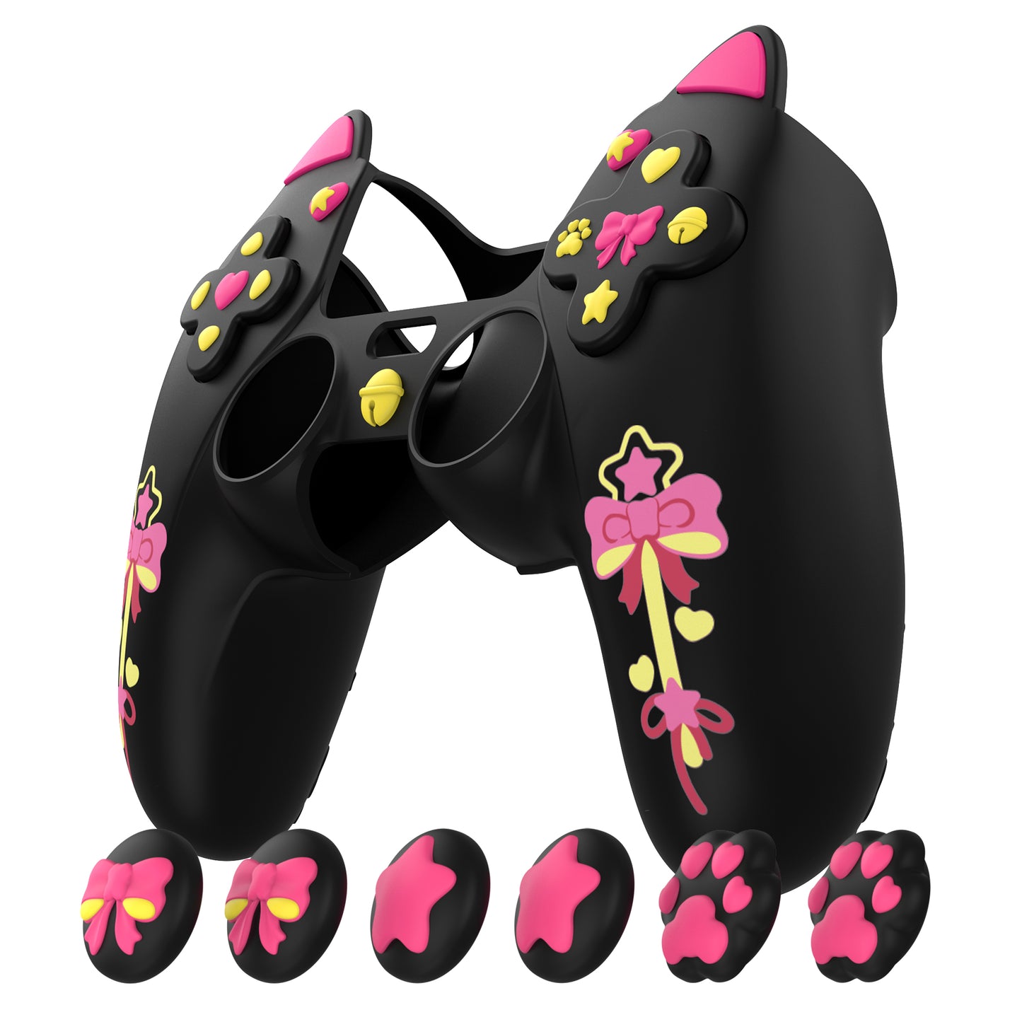 PlayVital Sweetheart Kitty ps5コントローラー対応用シリコン保護カバー、ジョイスティックキャップやステッカー付属、滑り止めグリップは公式の充電ドックにも適用【ブラック】