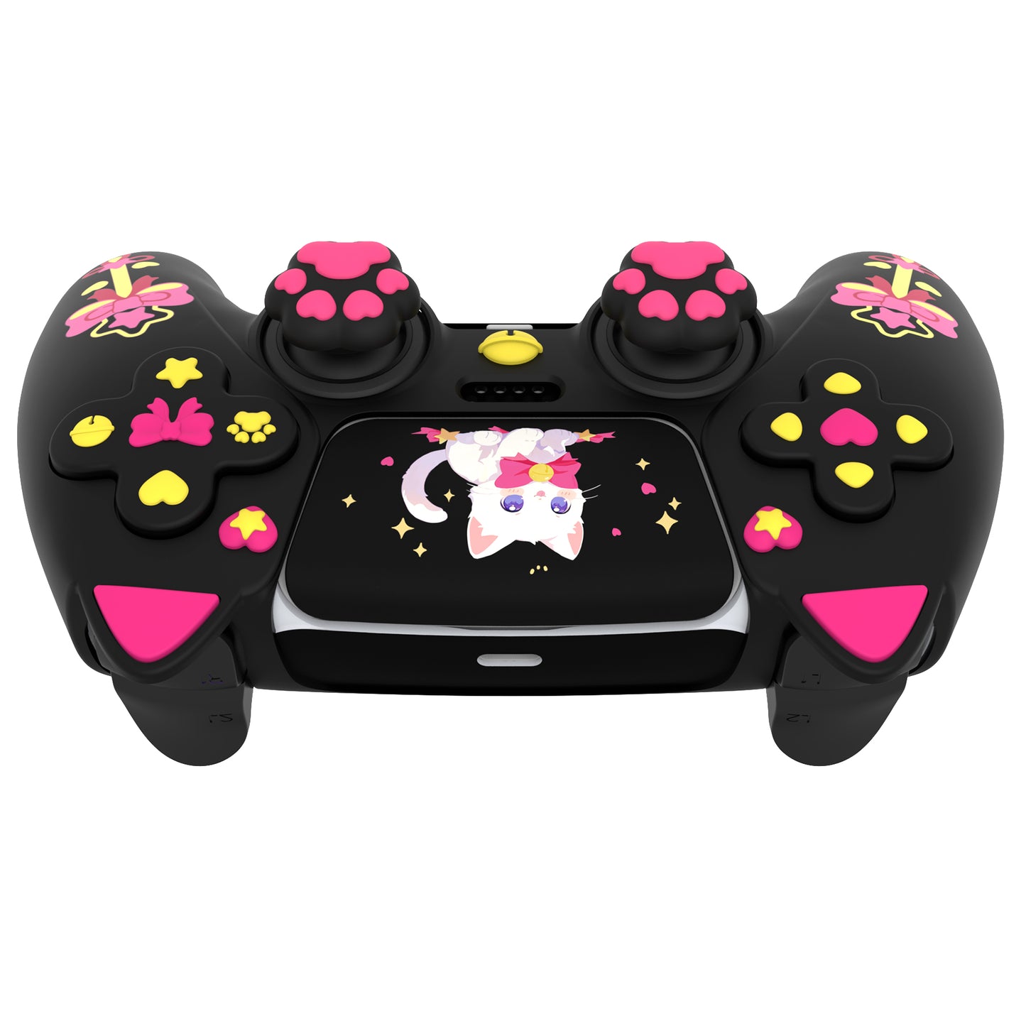 PlayVital Sweetheart Kitty ps5コントローラー対応用シリコン保護カバー、ジョイスティックキャップやステッカー付属、滑り止めグリップは公式の充電ドックにも適用【ブラック】