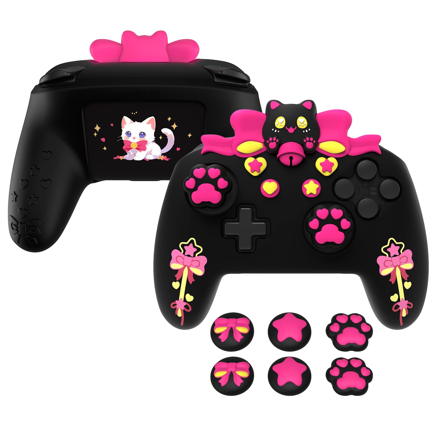 PlayVital スウィートハートキティシリーズ シリコンスキンプロテクティブケース(ジョイスティックグリップ付き) Nintendo Switch Pro コントローラー用【ブラック】