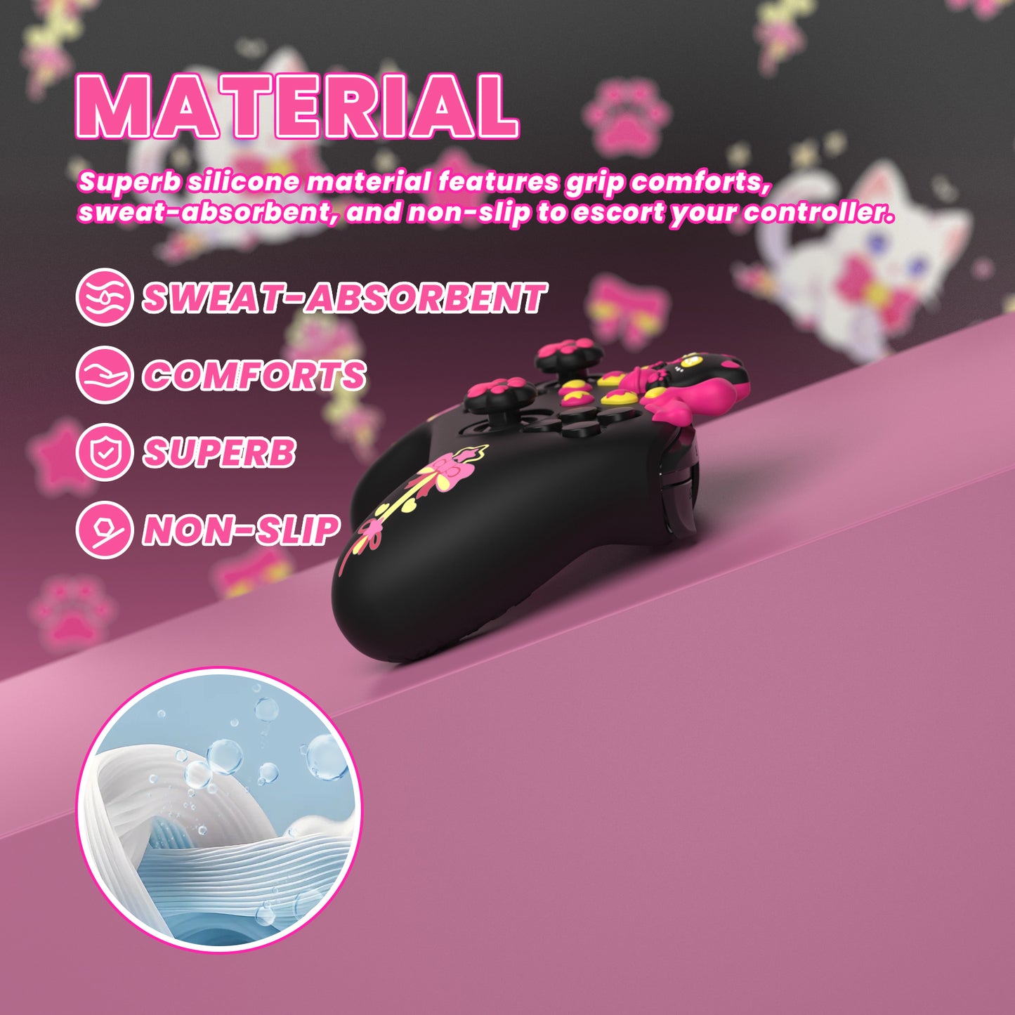 PlayVital スウィートハートキティシリーズ シリコンスキンプロテクティブケース(ジョイスティックグリップ付き) Nintendo Switch Pro コントローラー用【ブラック】