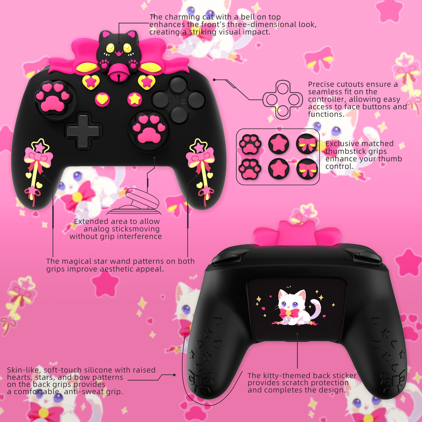 PlayVital スウィートハートキティシリーズ シリコンスキンプロテクティブケース(ジョイスティックグリップ付き) Nintendo Switch Pro コントローラー用【ブラック】
