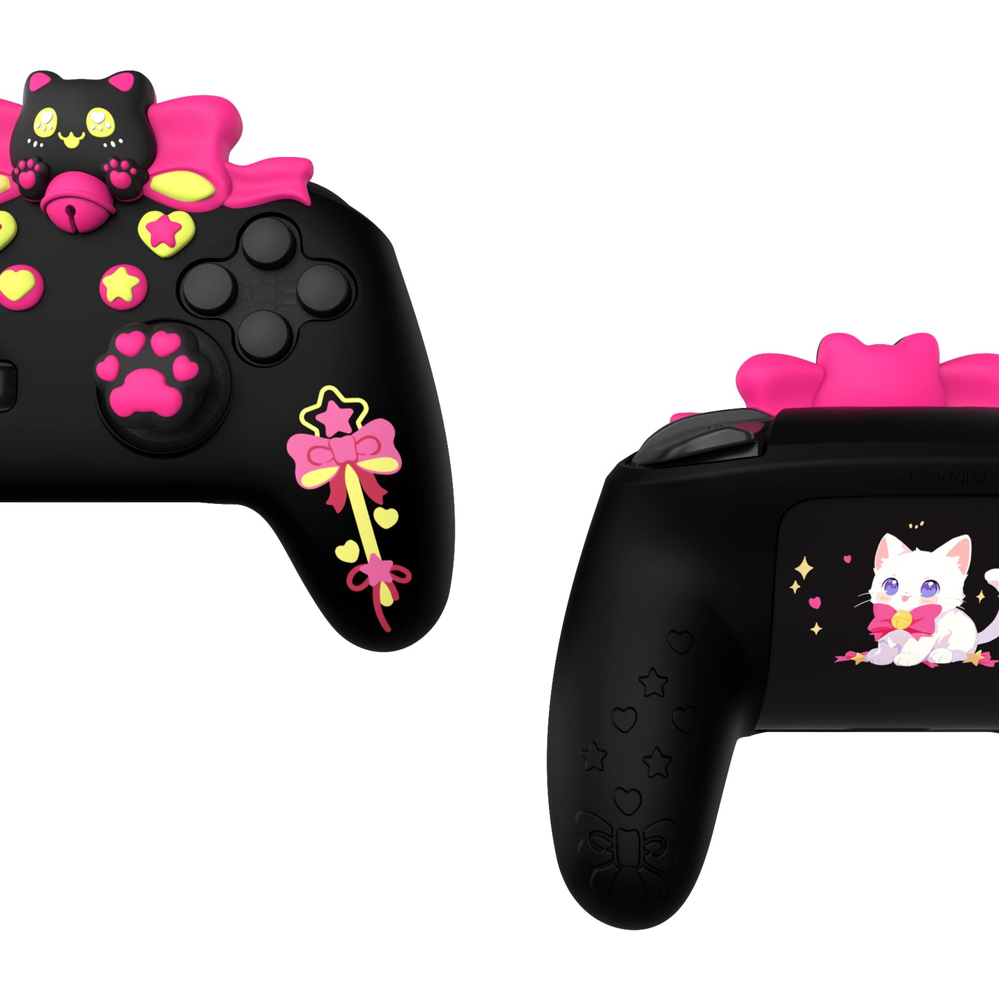 PlayVital スウィートハートキティシリーズ シリコンスキンプロテクティブケース(ジョイスティックグリップ付き) Nintendo Switch Pro コントローラー用【ブラック】