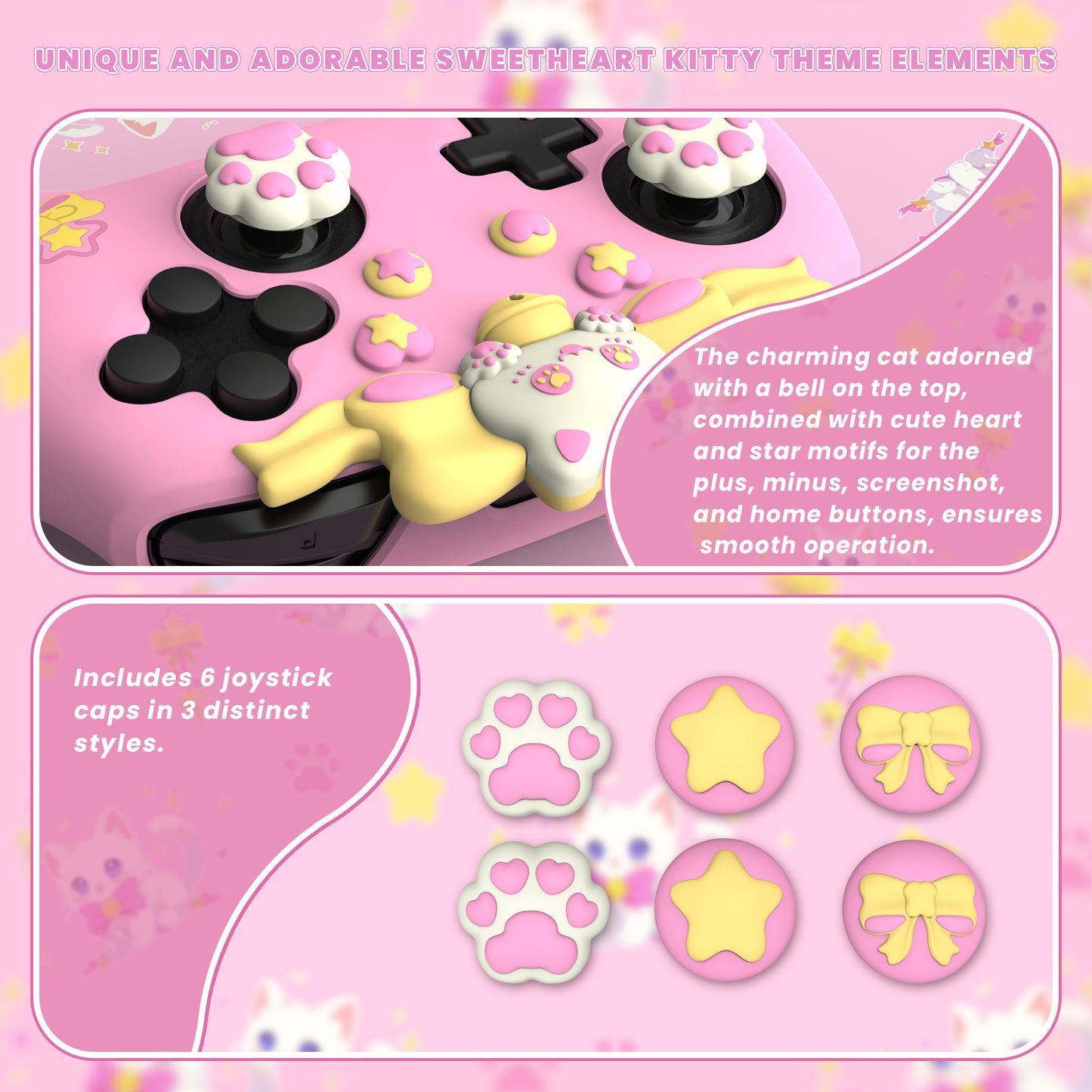 PlayVital スウィートハートキティシリーズ シリコンスキンプロテクティブケース(ジョイスティックグリップ付き) Nintendo Switch Pro コントローラー用【ピンク】