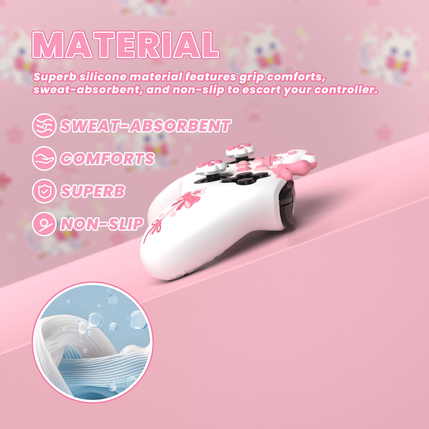 PlayVital スウィートハートキティシリーズ シリコンスキンプロテクティブケース(ジョイスティックグリップ付き) Nintendo Switch Pro コントローラー用【ホワイト】