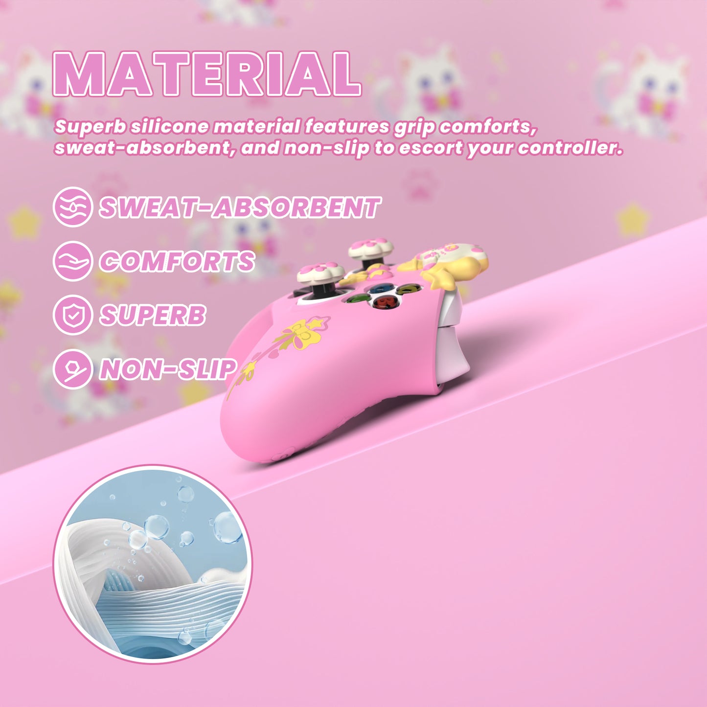 PlayVital スウィートハートキティシリーズ シリコンカバー(サムグリップとステッカー付き) Xbox Series X/S コントローラーおよび Xbox Core ワイヤレスコントローラー用【ピンク】