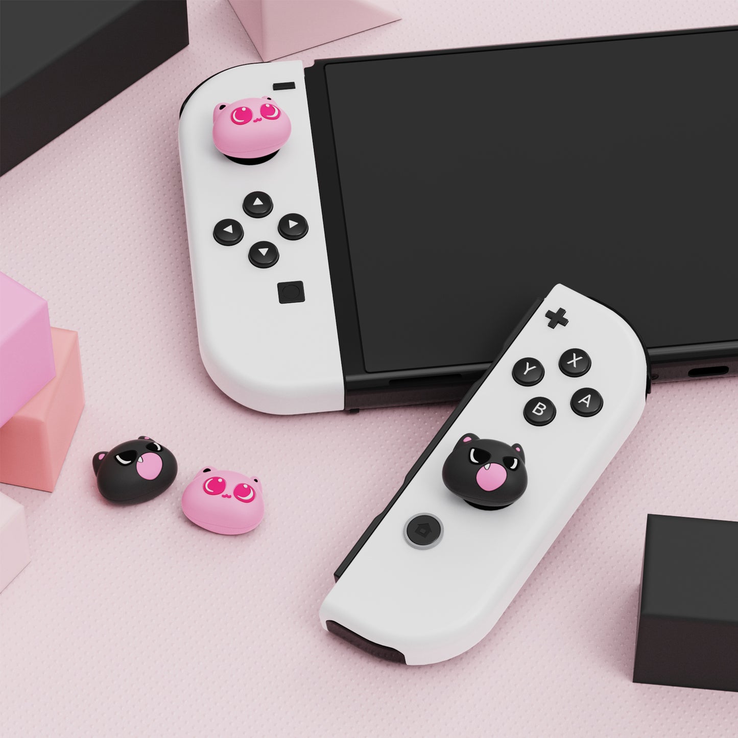 PlayVital 親指クッションキャップ かわいい親指グリップキャップ Nintendo Switch & 有機el & Switch Lite用【ブラック&ピンク猫】