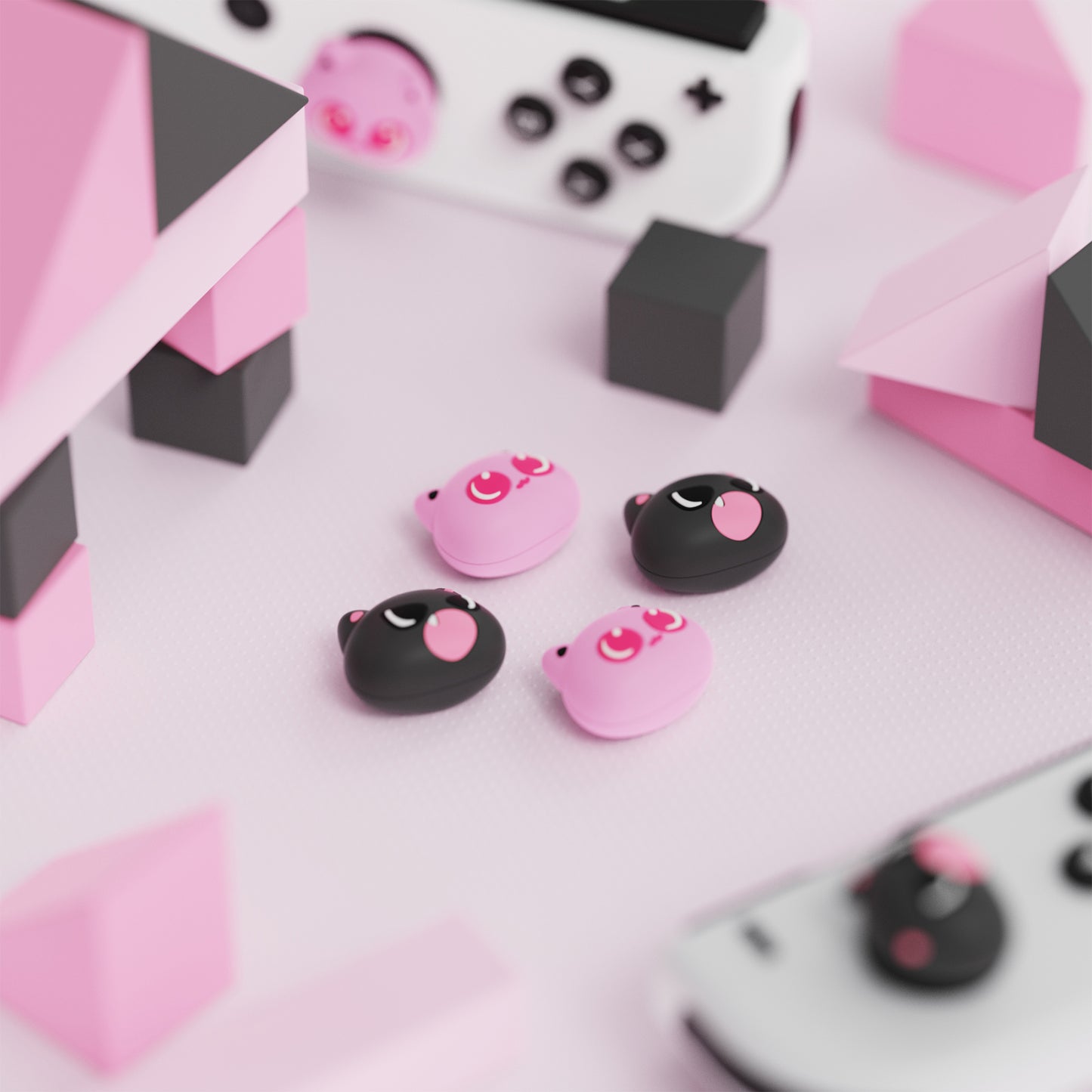 PlayVital 親指クッションキャップ かわいい親指グリップキャップ Nintendo Switch & 有機el & Switch Lite用【ブラック&ピンク猫】