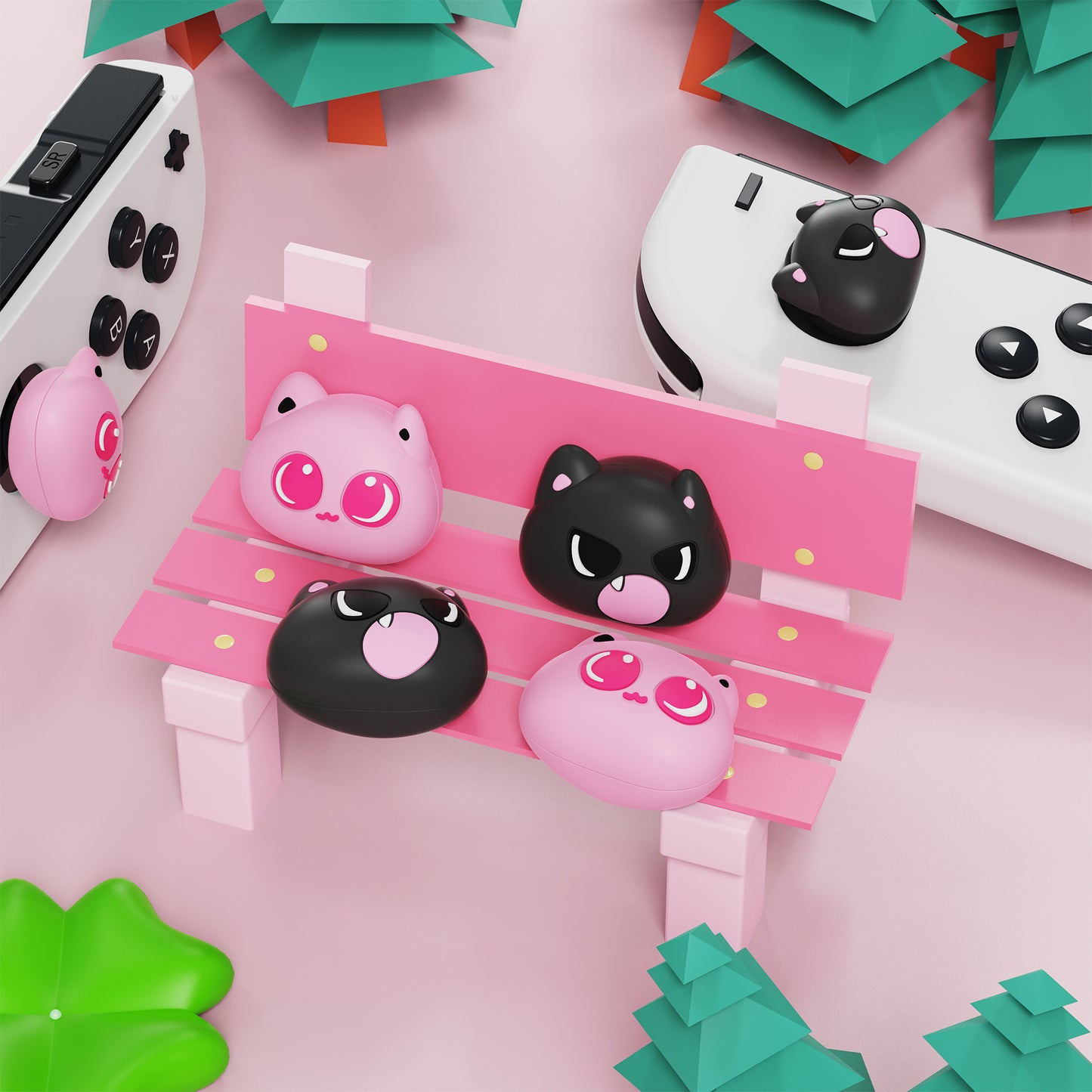 PlayVital 親指クッションキャップ かわいい親指グリップキャップ Nintendo Switch & 有機el & Switch Lite用【ブラック&ピンク猫】