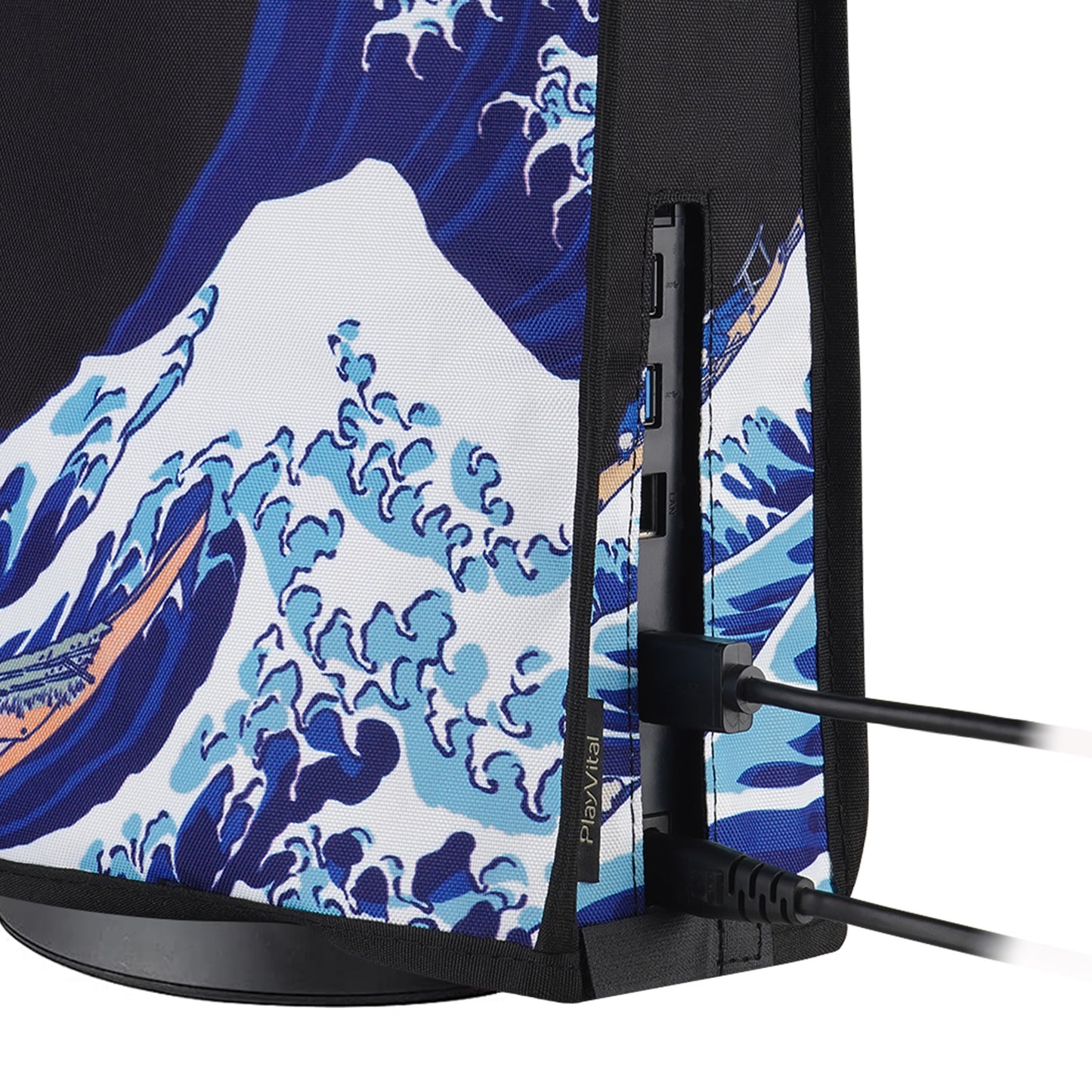PlayVital 縦式 傷防止 防水 ナイロン ダストカバー PS5 コンソール デジタル版 & ディスク版用【ザ・グレートウェーブ & ブラック】