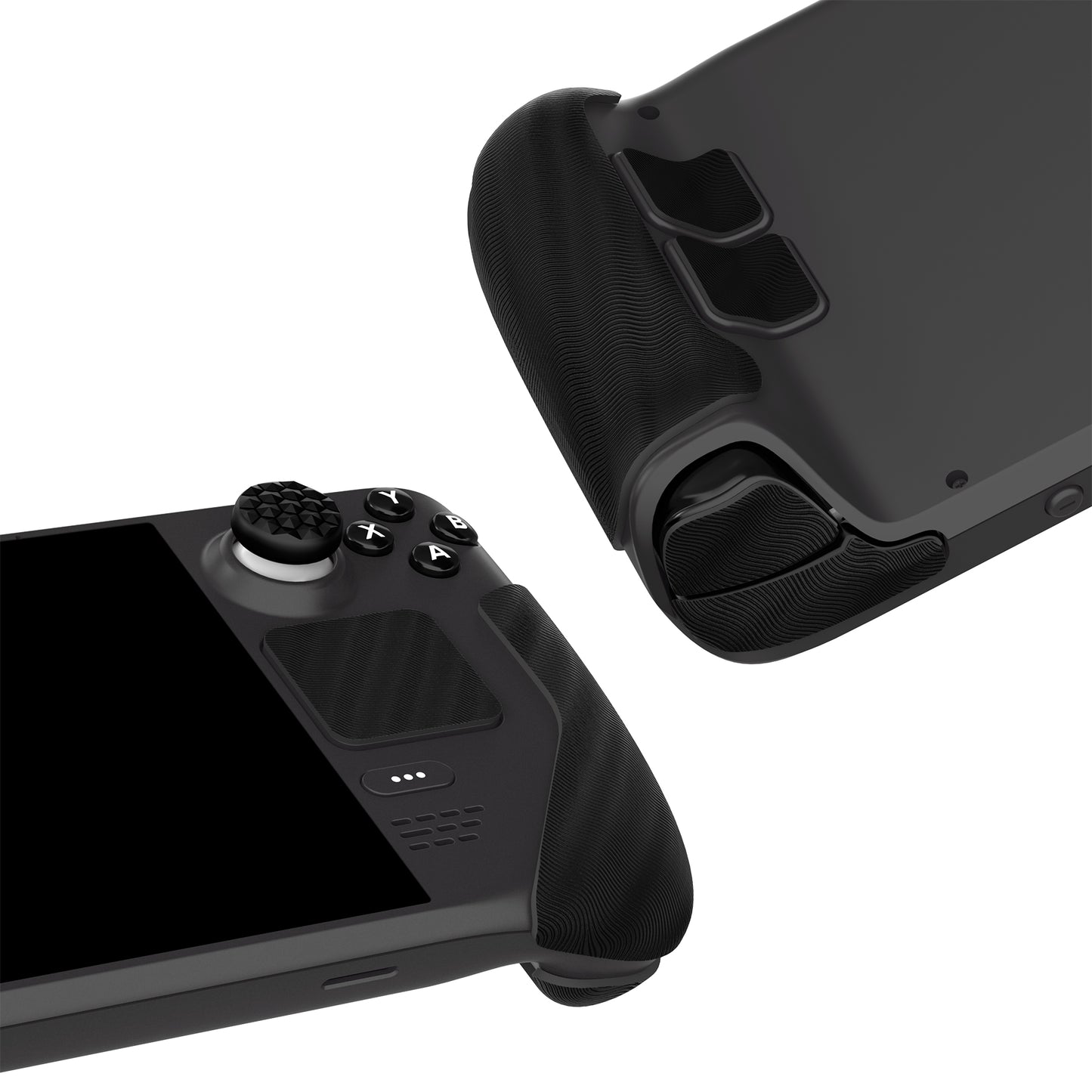 PlayVital プロフェッショナル テクスチャード ソフト ラバー パッド ハンドル グリップ 親指グリップ キャップ付き Steam Deck LCD & OLED 用【水紋テクスチャブラック】