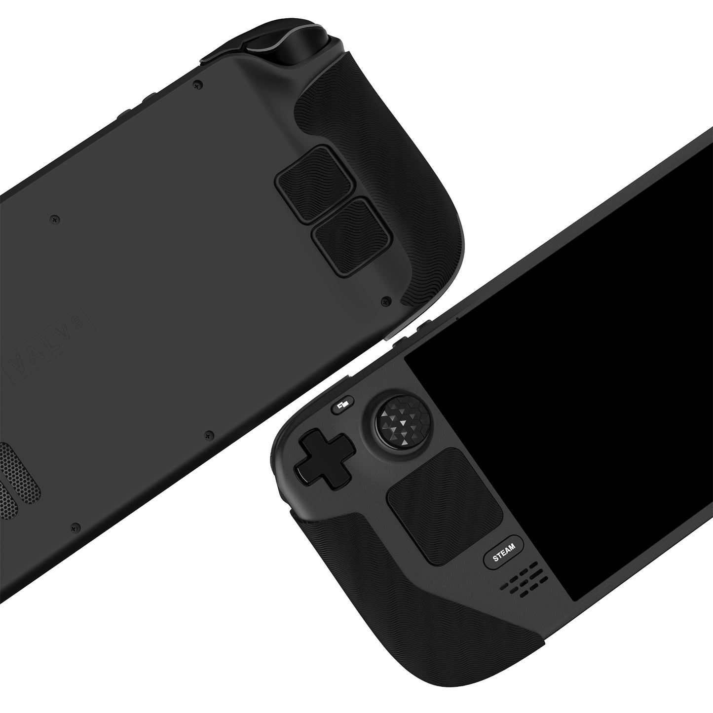 PlayVital プロフェッショナル テクスチャード ソフト ラバー パッド ハンドル グリップ 親指グリップ キャップ付き Steam Deck LCD & OLED 用【水紋テクスチャブラック】