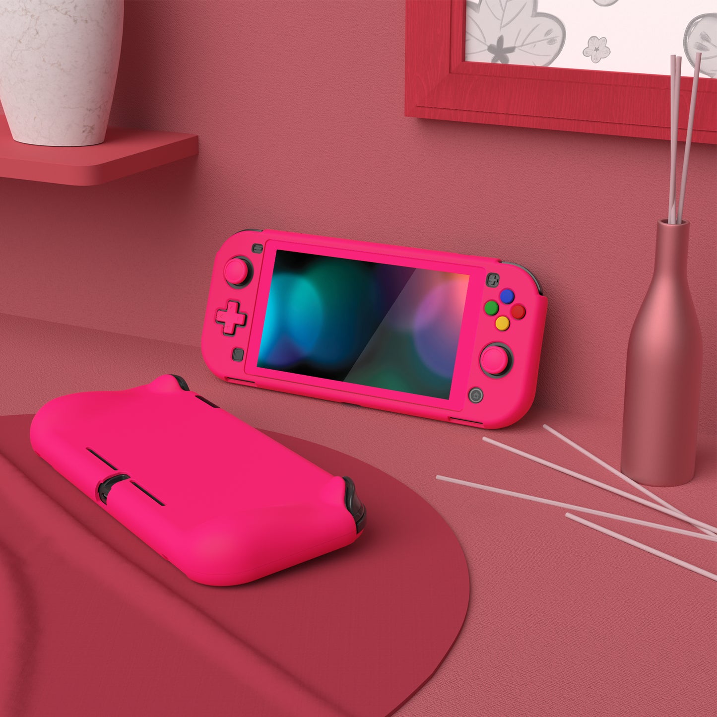 PlayVital ZealProtect ハードシェル保護ケース スクリーンプロテクター、サムグリップキャップ、ボタンキャップ付き Switch Lite用【濃いピンク