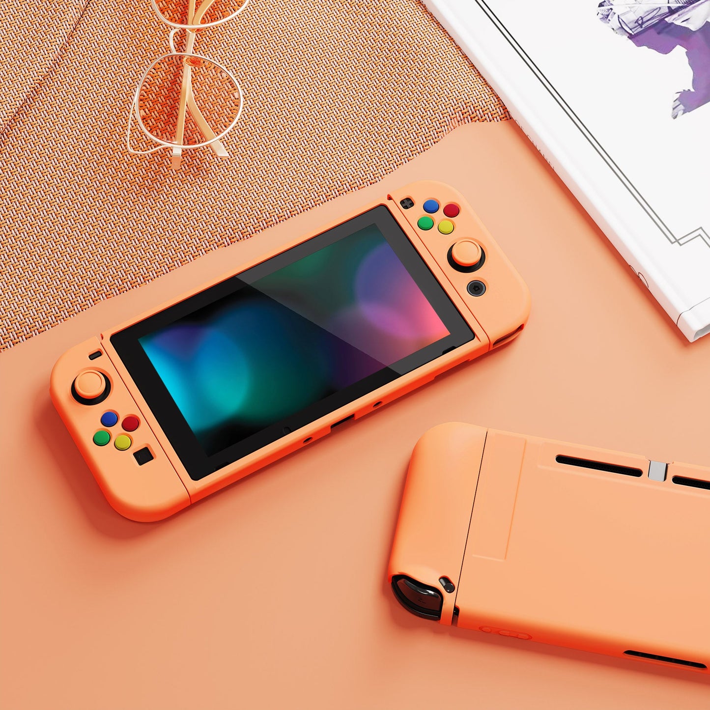 PlayVital ZealProtect ソフト TPU スリム保護ケース、強化ガラススクリーンプロテクター、サムグリップ、ABXY 方向ボタンキャップ付き NS Switch 用【アプリコットイエロー】