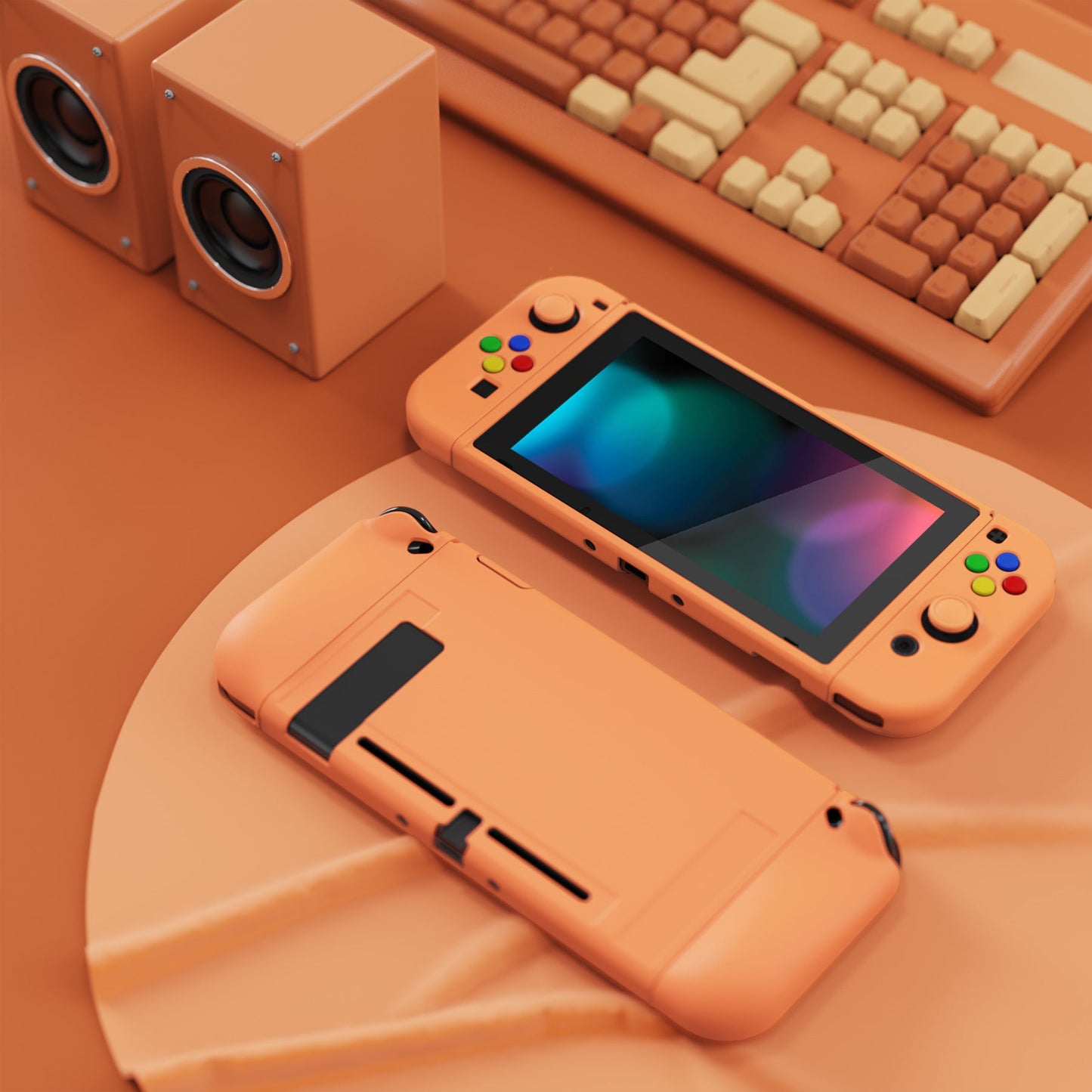 PlayVital ZealProtect ソフト TPU スリム保護ケース、強化ガラススクリーンプロテクター、サムグリップ、ABXY 方向ボタンキャップ付き NS Switch 用【アプリコットイエロー】