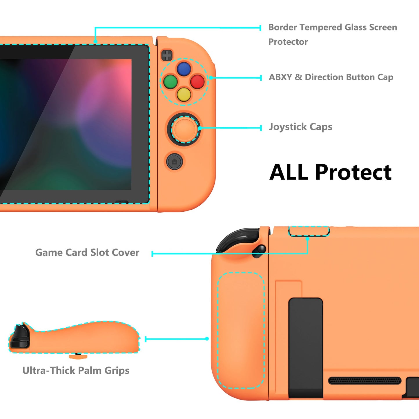 PlayVital ZealProtect ソフト TPU スリム保護ケース、強化ガラススクリーンプロテクター、サムグリップ、ABXY 方向ボタンキャップ付き NS Switch 用【アプリコットイエロー】