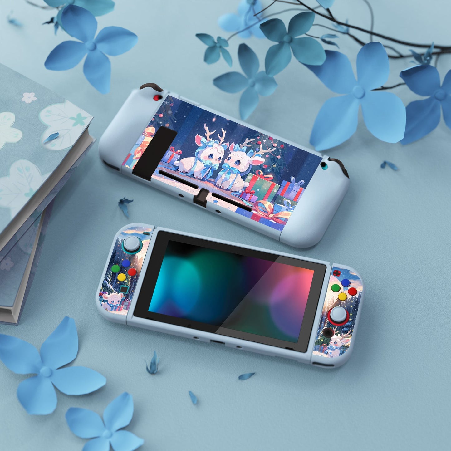PlayVital ZealProtect Soft Protective Case for Nintendo Switch, Flexible Cover for Switch with Tempered Glass Screen Protector & Thumb Grips & ABXY Direction Button Caps - Santa Deer - RNSYV6052 playvital