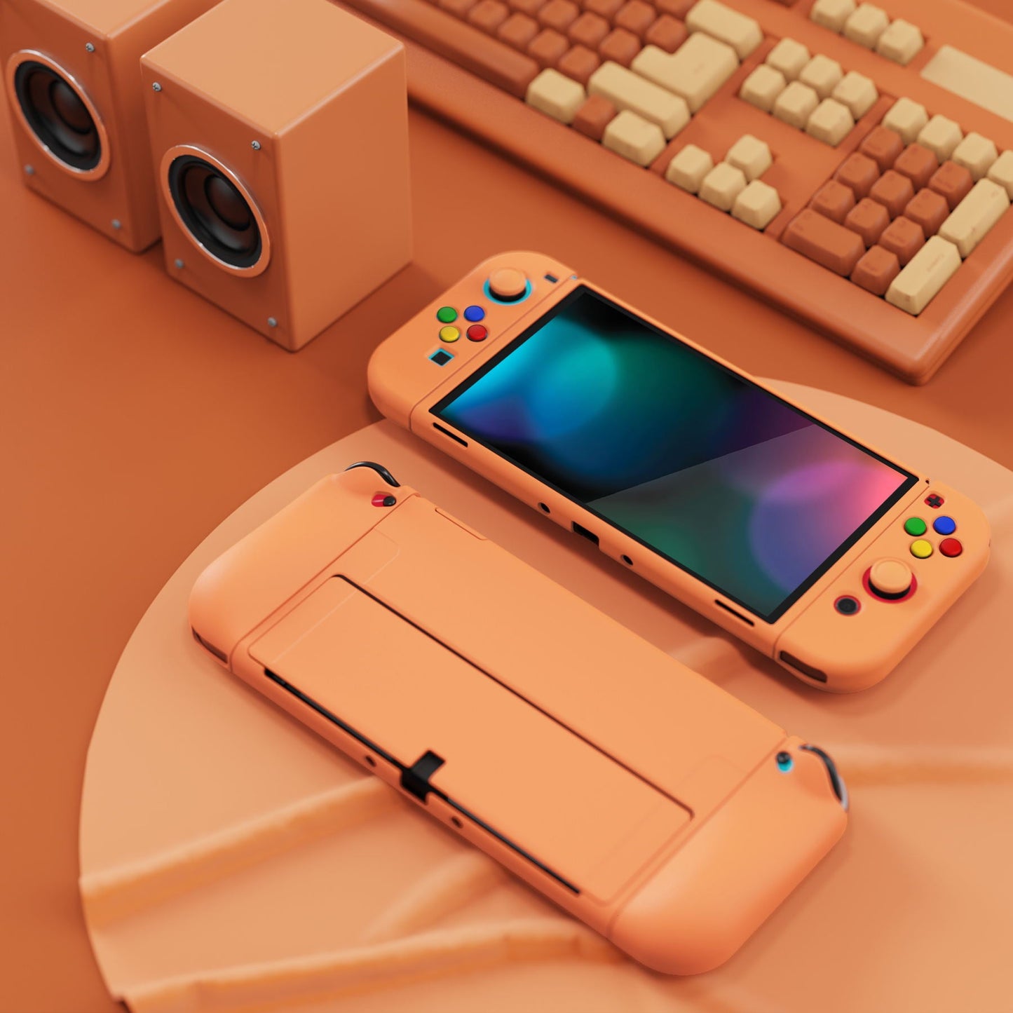 PlayVital ZealProtect ソフト TPU スリム保護ケース 親指グリップキャップと ABXY 方向ボタンキャップ付き Switch 有機el 用【アプリコットイエロー 】