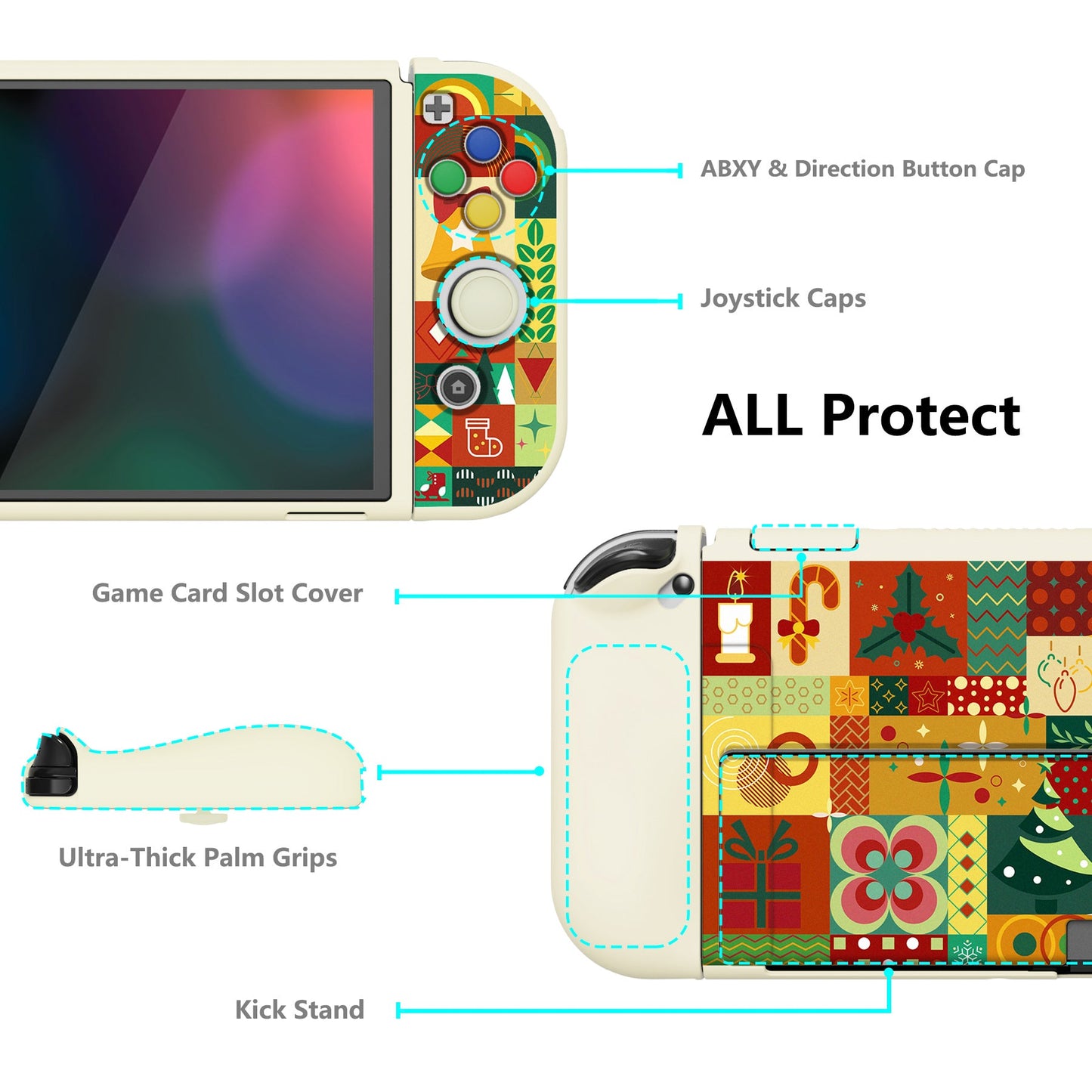 PlayVital ZealProtect ソフト TPU スリム保護ケース 親指グリップキャップと ABXY 方向ボタンキャップ付き Switch 有機el 用【クリスマスラップ 】